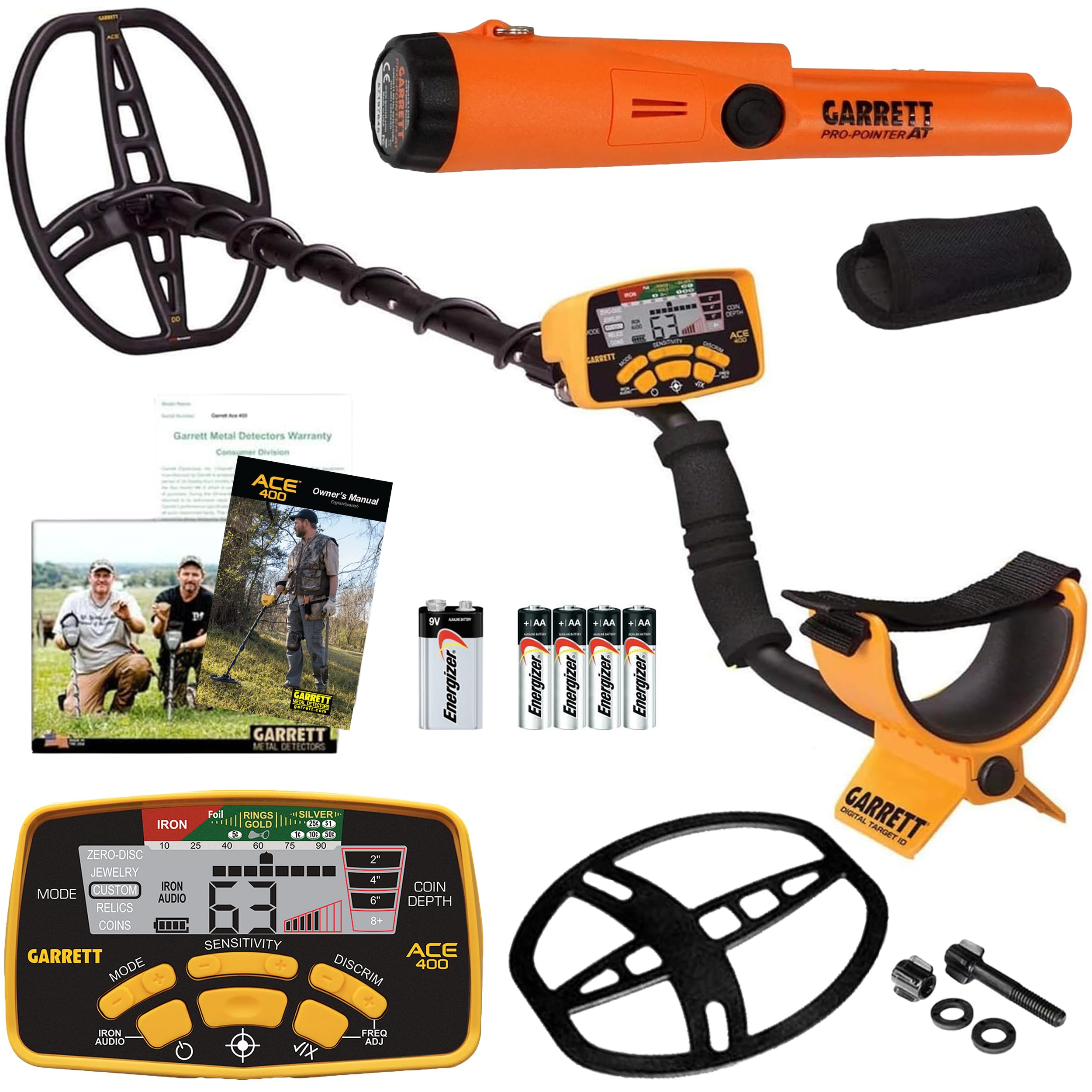Garrett ACE 400 Metal Detector Bundle – Made in the USA - Digital Target ID, Iron Audio, Adjustable Frequency, Includes Pro-Pointer AT, & Searchcoil Cover