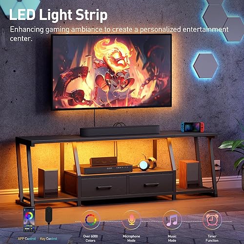 Miniatura 3 de Soporte de TV LED para televisor de 75 pulgadas, centro de entretenimiento con estantes abiertos y tomas de corriente, mesa de consola de TV con