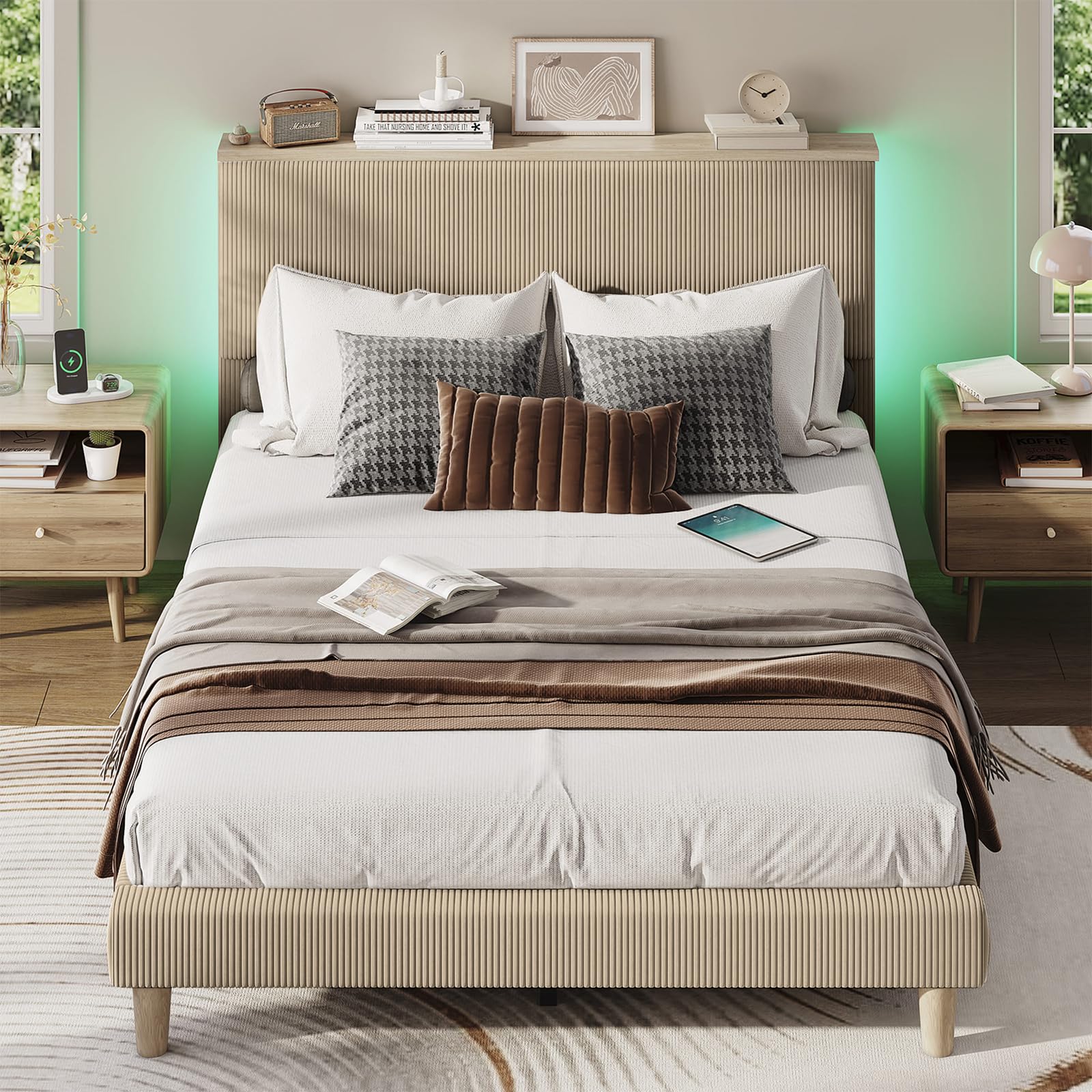 Photo 1 of **SIMILAR ITEM** **UNKNOWN SIZE** Bestier Bed Frame with Adjustable Headboard & LEDLighting, Corduroy Upholstered Platform Bed Frame withStorage Shelf, Solid Wood Slats, No Box Spring Needed,Never Squeak, Easy Assembly, Taupe