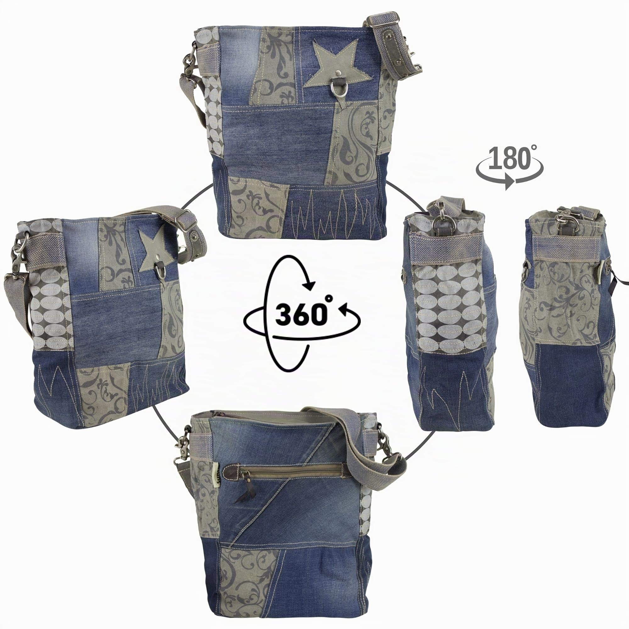 Sunsa Damen Umhängetasche. Große Nachhaltige Jeanstasche. Patchwork Tasche