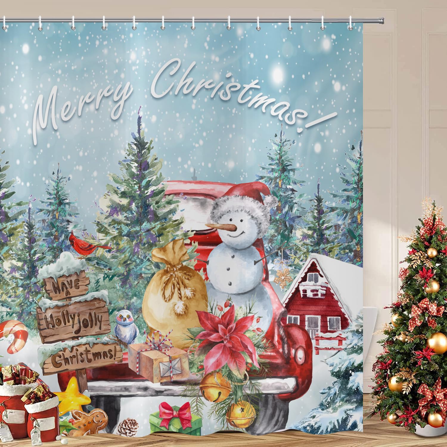 ASDCXZ Christmas Shower Curtain 180x220 cm, Vintage Red Truck Snowman Christmas Tree Winter Washable Bathroom Shower Curtains Polyester Textile Waterproof Shower Curtain for Bathtub with 12 Hooks