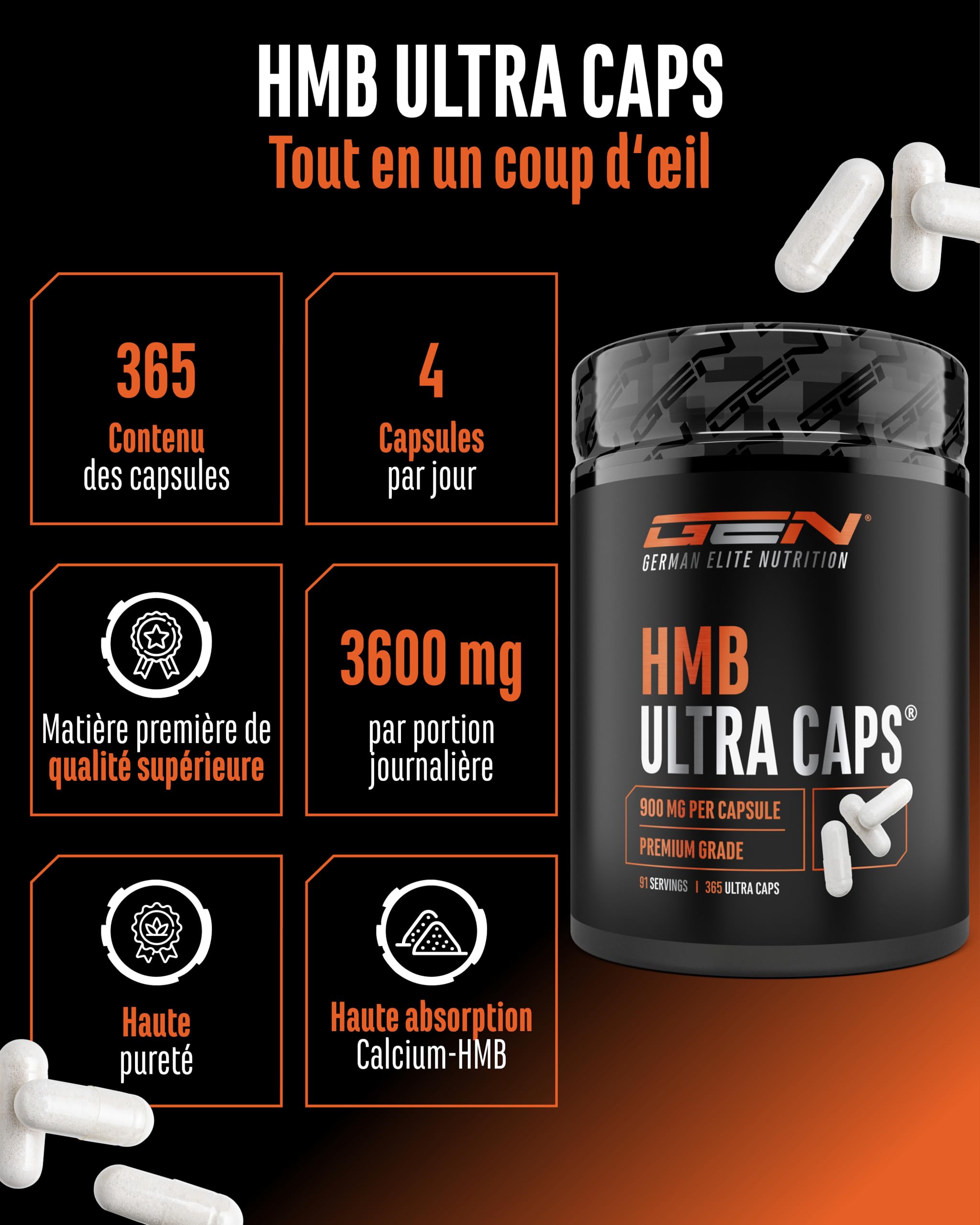 HMB Ultra Caps - 365 Gélules - Hautement Dosées avec 3600 mg de β-Hydroxy-β-Méthylbutyrate de Calcium Pur (HMB de Calcium) par Dose Quotidienne - sans Additifs Indésirables
