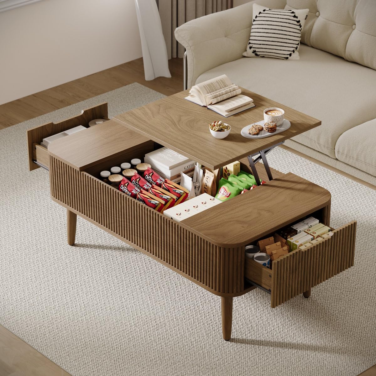 Modern Lift Top Wooden Coffee Table with Hidden Storage & Side Drawers | Multifunction Center Table for Living Room | Rising Tabletop Tea Table for Home(Walnut Finish)-image-15