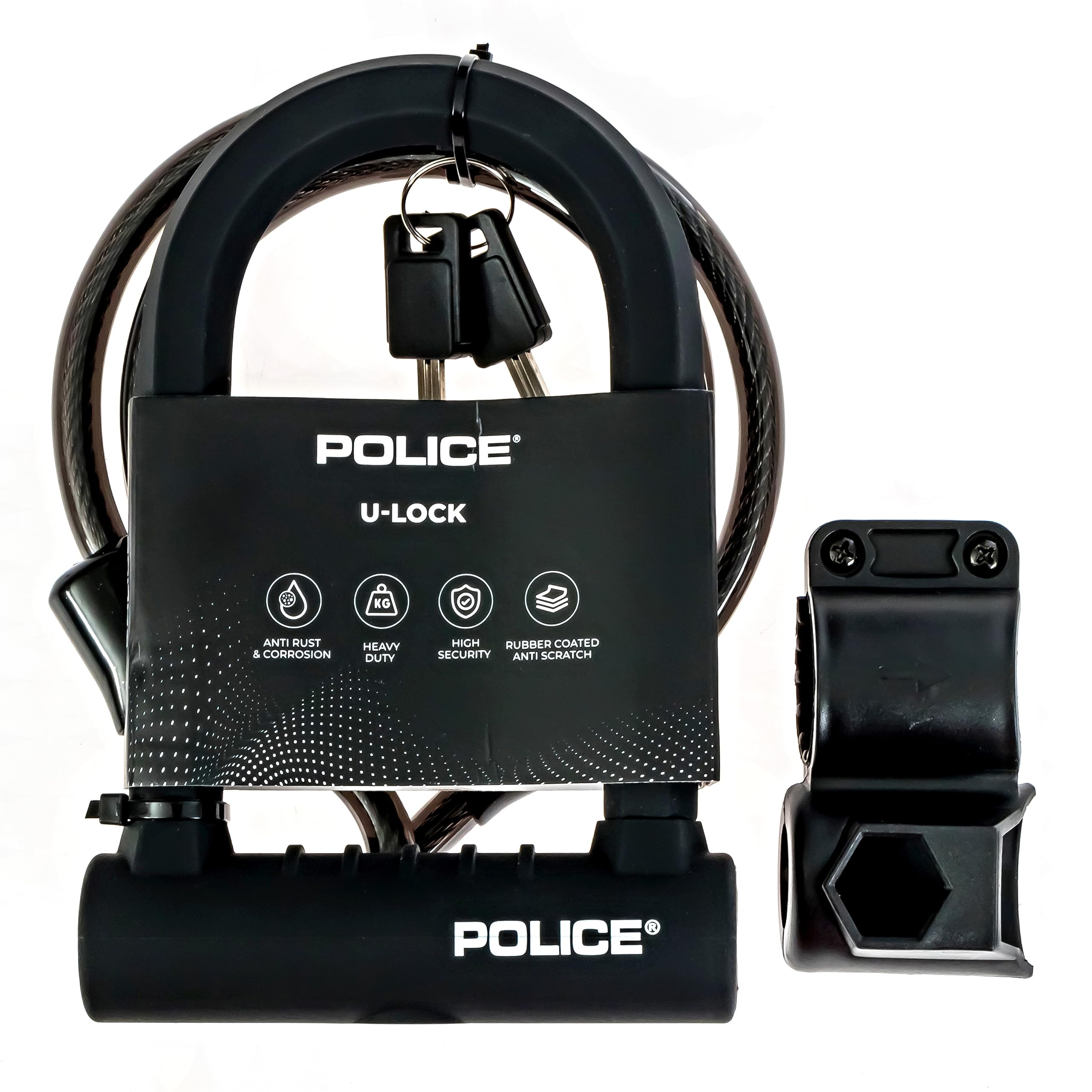POLICE Candado de bicicleta con llave, candado en U para bicicletas, candado para scooters, equipo al aire libre, candado de bicicleta recubierto de silicona con cable, color negro
