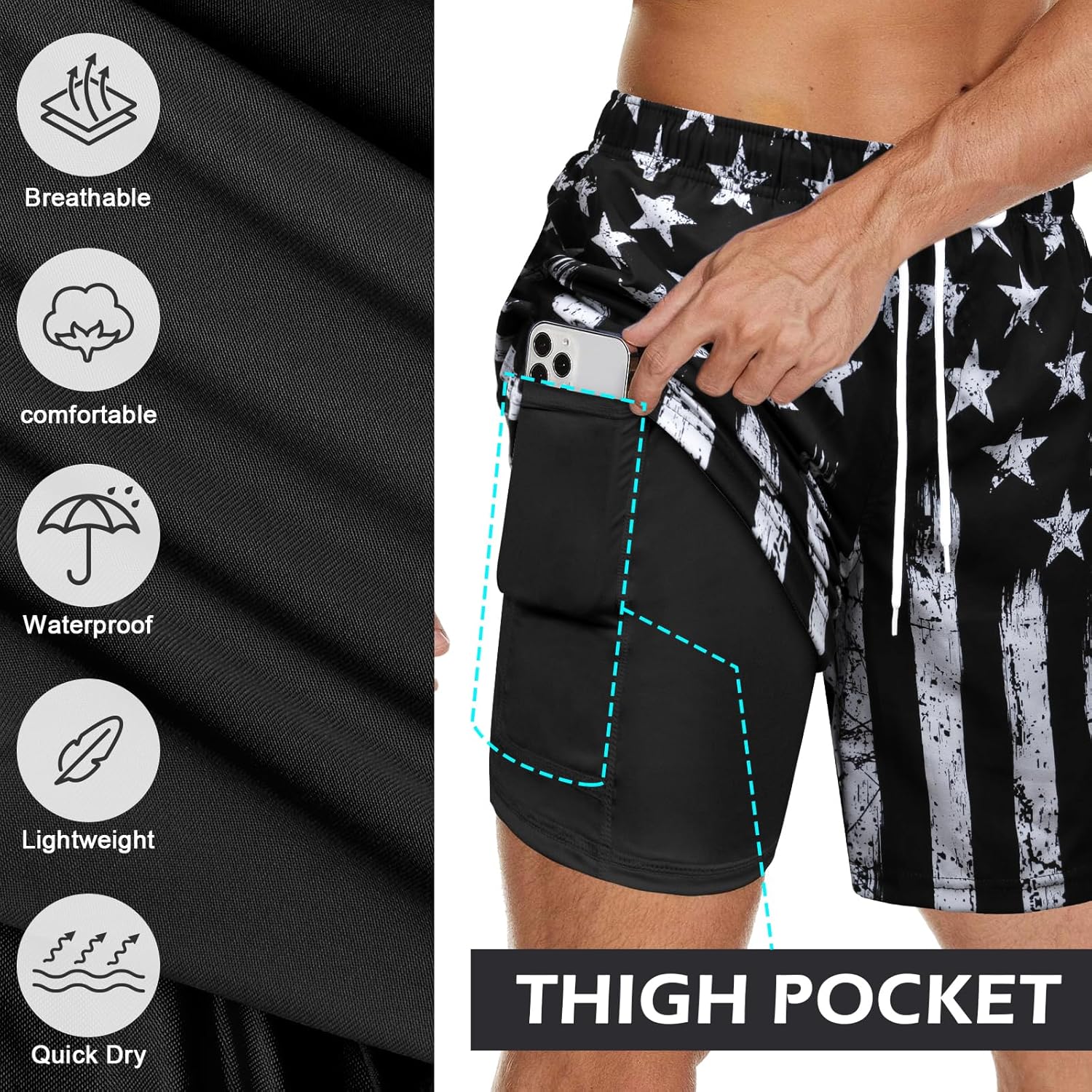 Mens Swim Trunks Bathing Suits Swimwear Swimming Board Shorts with Compression Liner Quick Dry Beach Swimsuit - Image 4