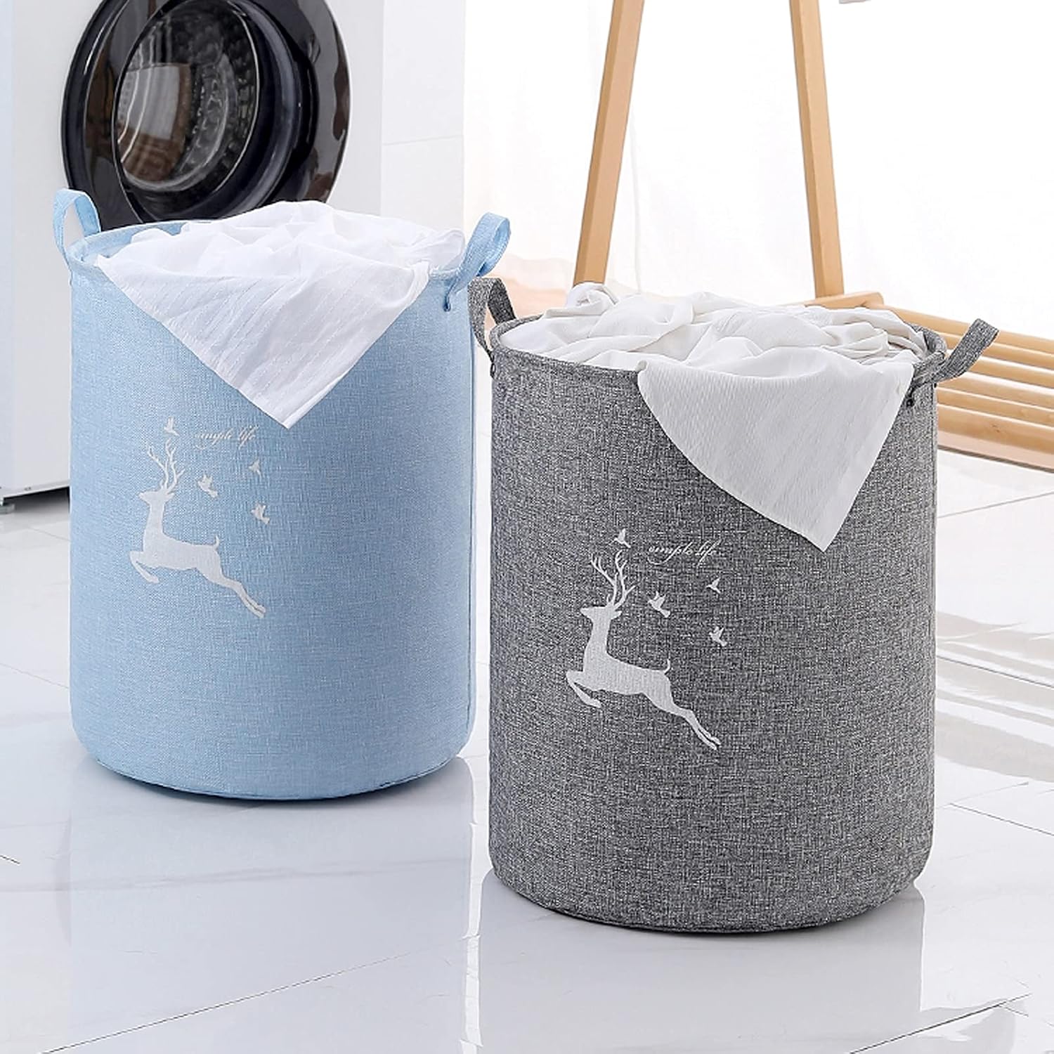 Storage Basket Basket, Large Canvas Fabric Lightweight Round Storage Organizer Toy Dirty Clothes Foldable Waterproof For Bedroom Bathroom Grey Boxes Alm