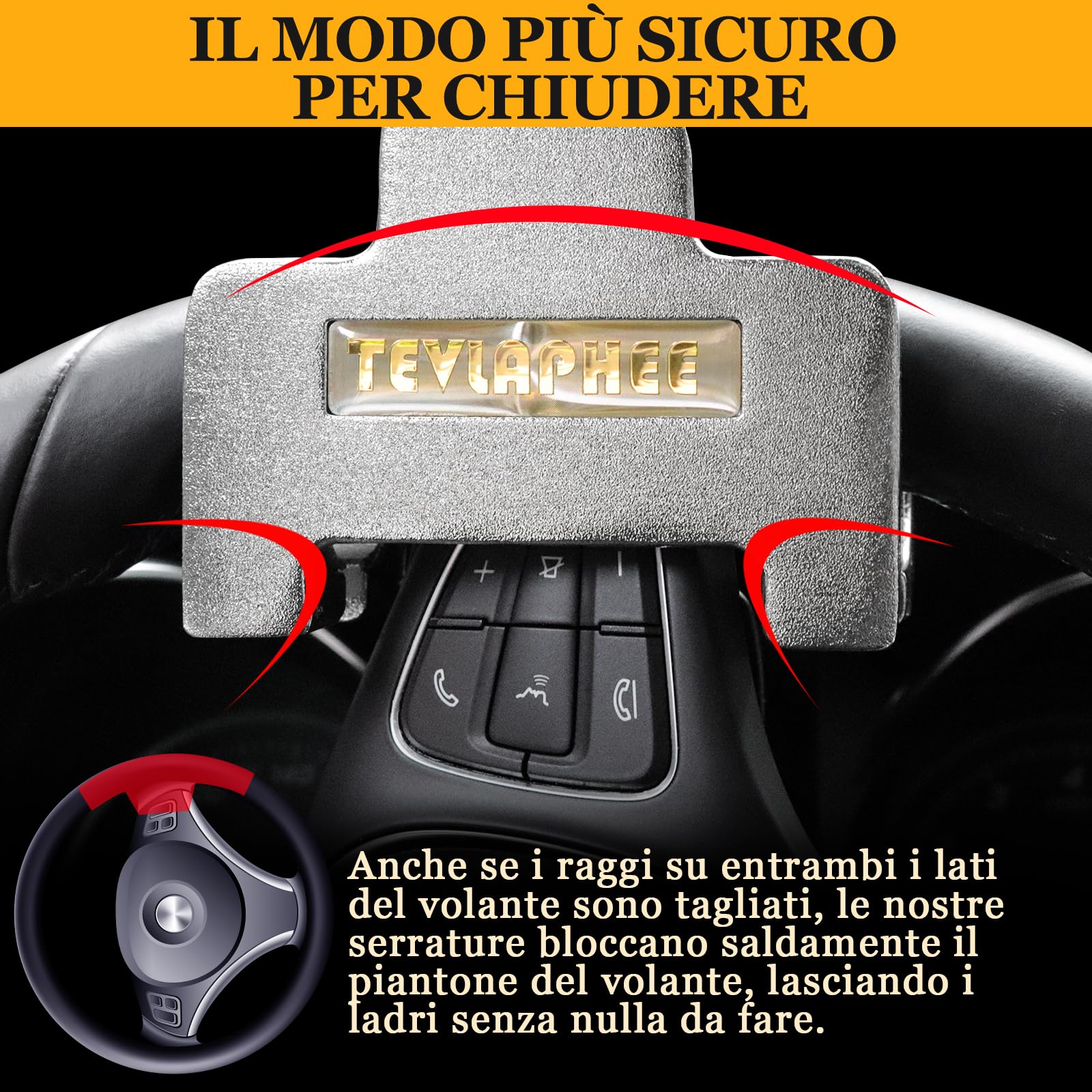 Tevlaphee Blocca Sterzo Automobile con Allarme, 120dB, Antifurto Auto, Meccanico, vestibilità Universale