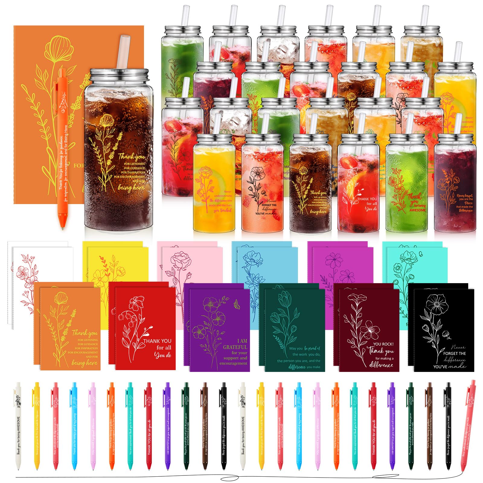 AmazingSpark 72 szt., prezenty z podziękowaniami dla pracowników, 400 ml, kubki z pokrywkami, słomki, inspirujące notatniki, motywacyjne długopisy dla zespołu, współpracownika, pielęgniarki, personelu