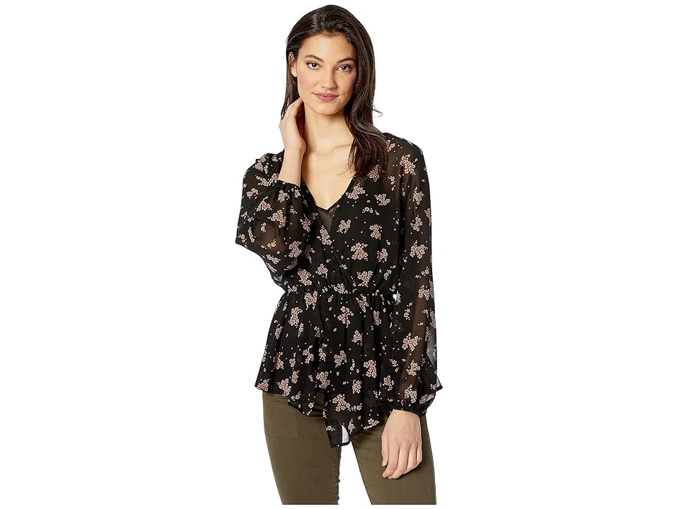 

1.STATE Long Sleeve Cross Front Ditsy Gathering Blouse (Rich Black) Women's Blouse