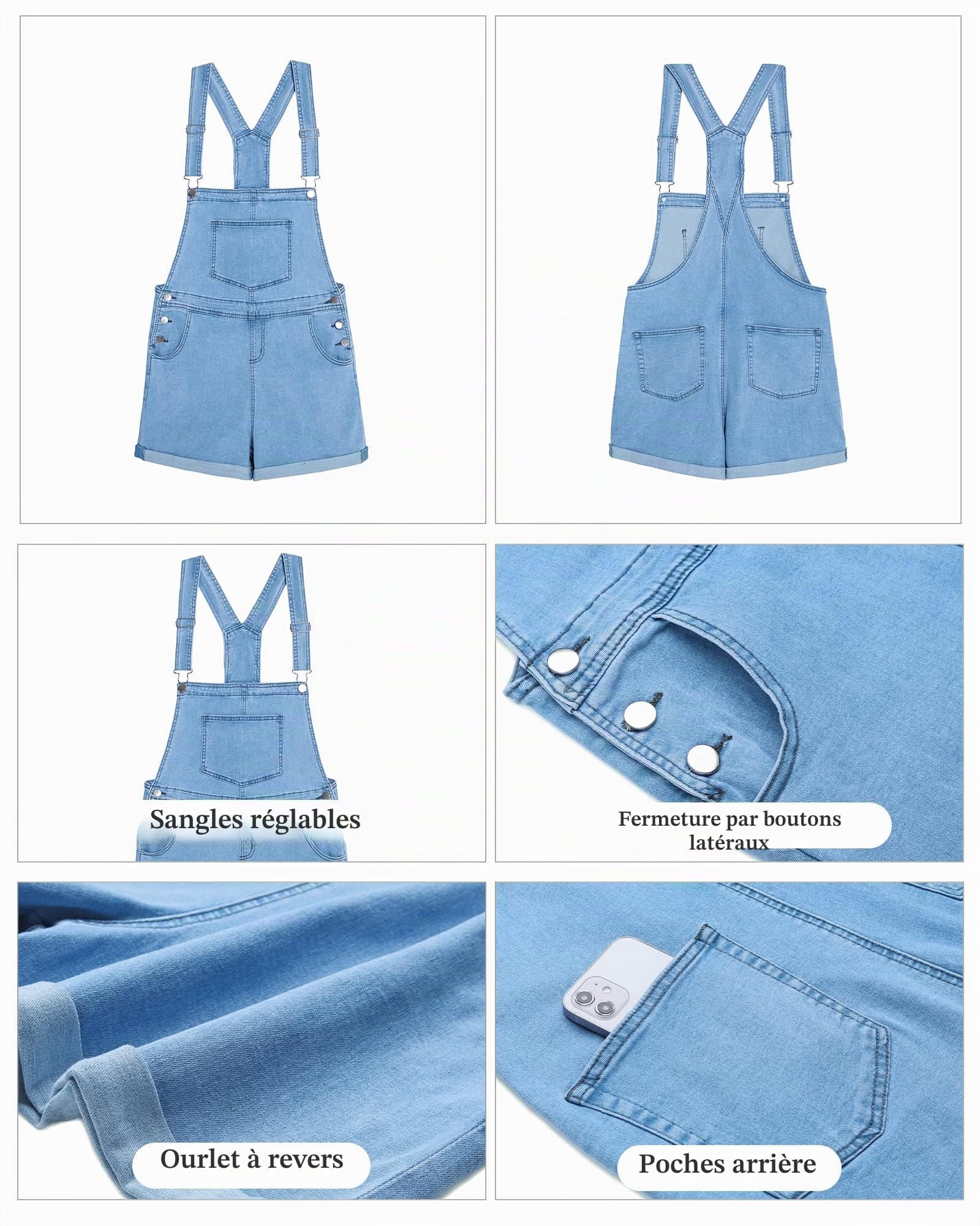 Roskiky Salopette en jean pour femme avec sangles à boucle et poches à ourlet