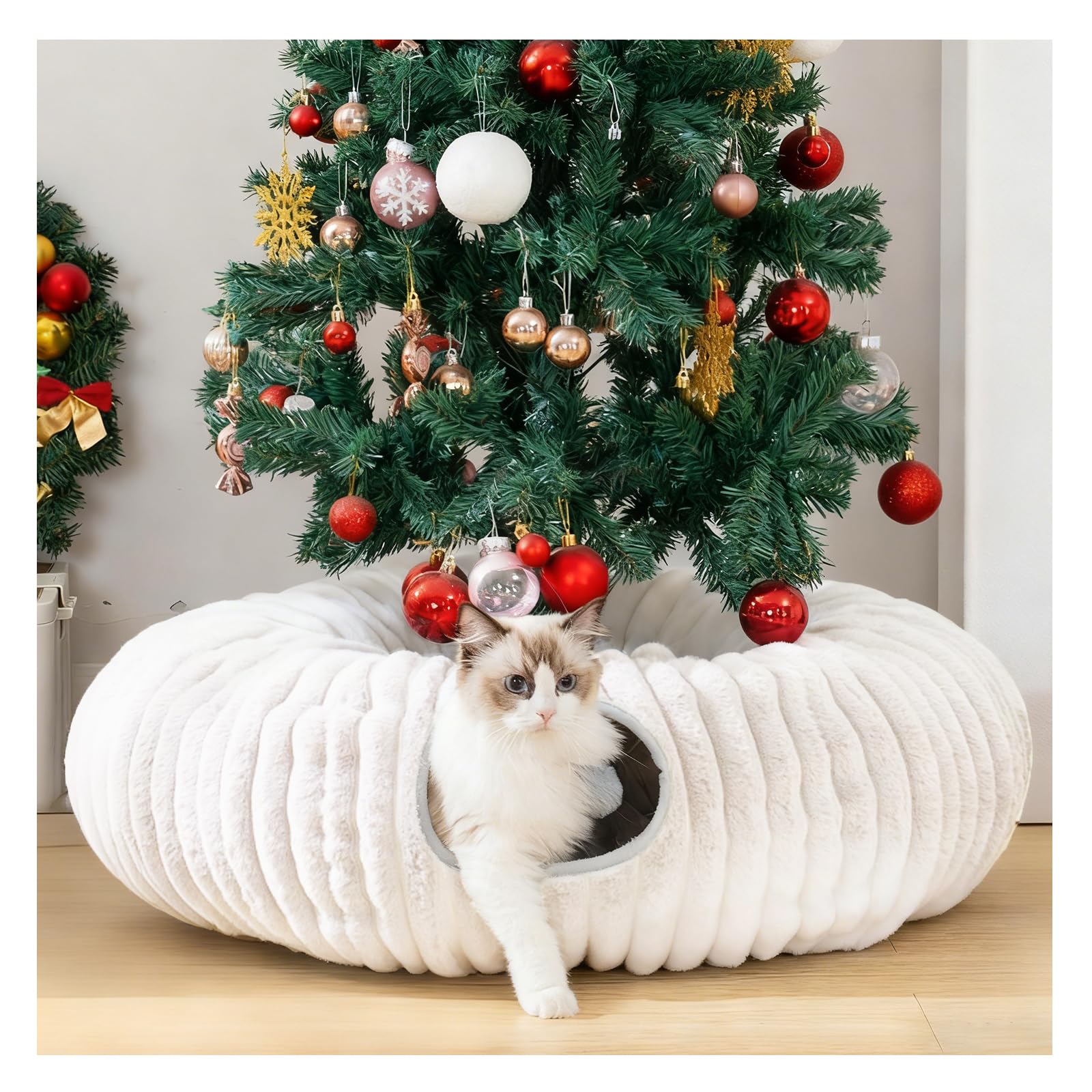 Lit Tunnel Pour Chat De Noël - 94 Cm De Diamètre, En Velours Coton Doux, Avec Tapis Intégré - Cachette Et Nid Douillet Pour Chat/chaton