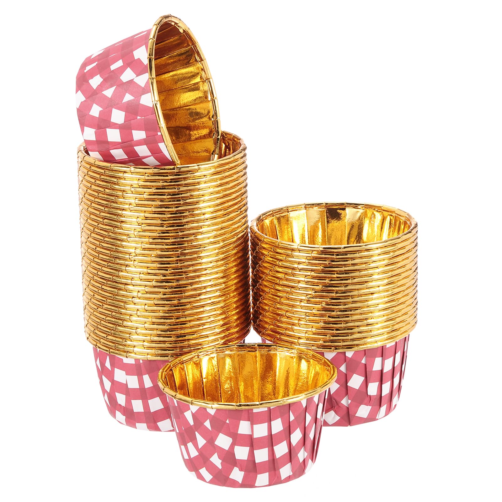 uxcell 50 Pcs Single-sided Aluminum Foil Cupcake Liners, Greaseproof Muffins Baking Cupcakes for Wedding Birthday Party Decoration, Red (Round-Grid)