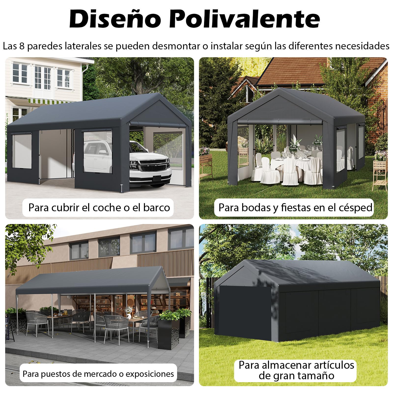 COSTWAY Garaje Exterior para Coche 5,95 X 3 m, 8 Paredes Laterales Desmontables, Puertas Enrollables, Ventanas Ventiladas, Carpa para Garaje para SUV Camión