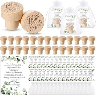 Barydat 50 Sets Wedding Favors for Guests Bulk Engraved Wood Wine Bottle Corks Wine Stopper with Wedding Thank You Cards and Organza Bags Appreciation Gifts for Guest Thank You Gifts(Bright)