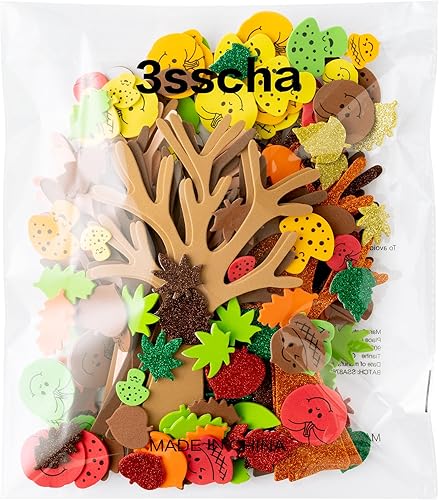 Miniatura 7 de 184 calcomanías de árbol de espuma con temática de otoño para niños, calcomanías autoadhesivas de hojas de calabaza y bellota con purpurina,