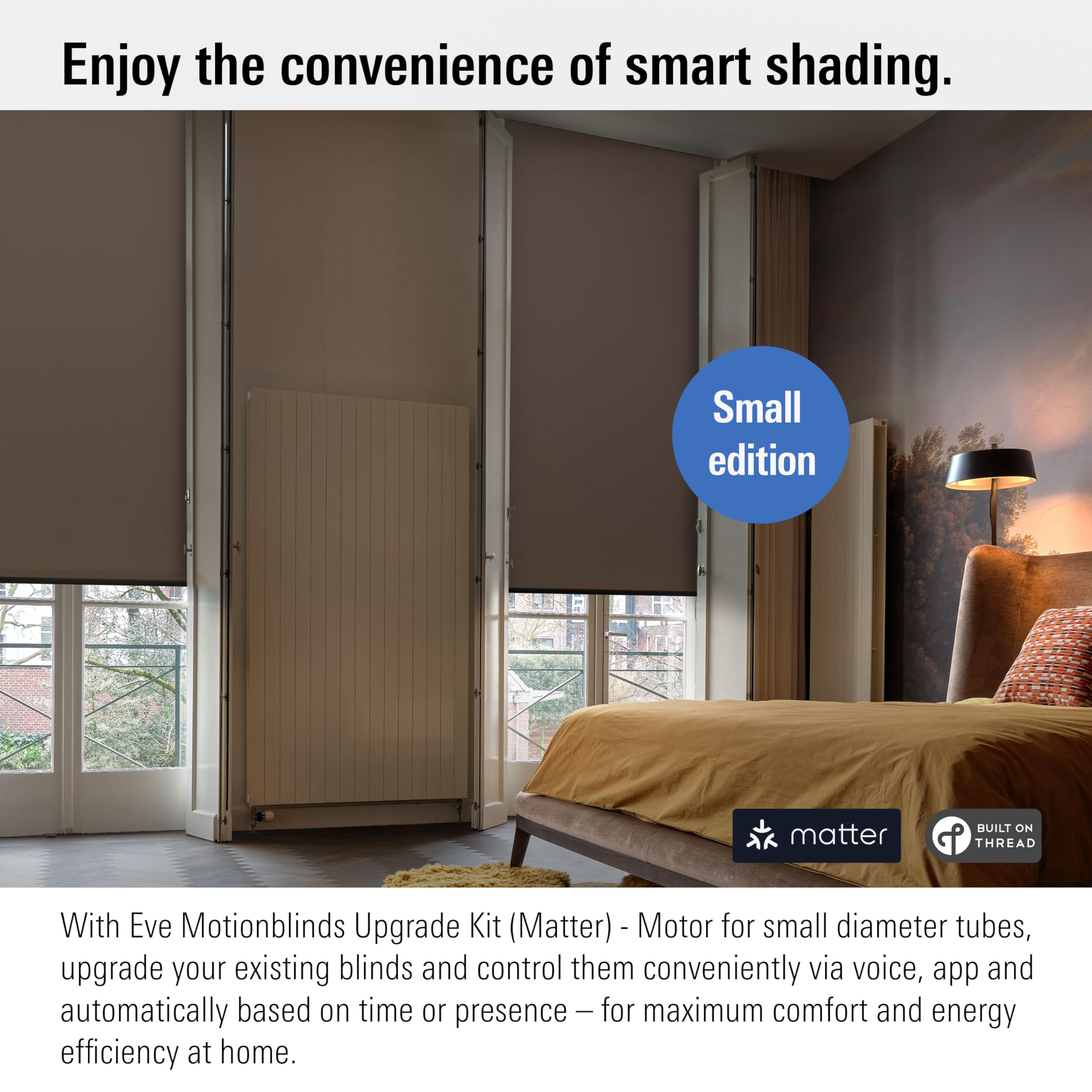 Eve Motionblinds Kit de modernización para estores enrollables (Matter) - Motor para Tubos de diámetro pequeño; actualiza Tus estores;req. Router de Borde Thread;Control por Voz/App/automatizado