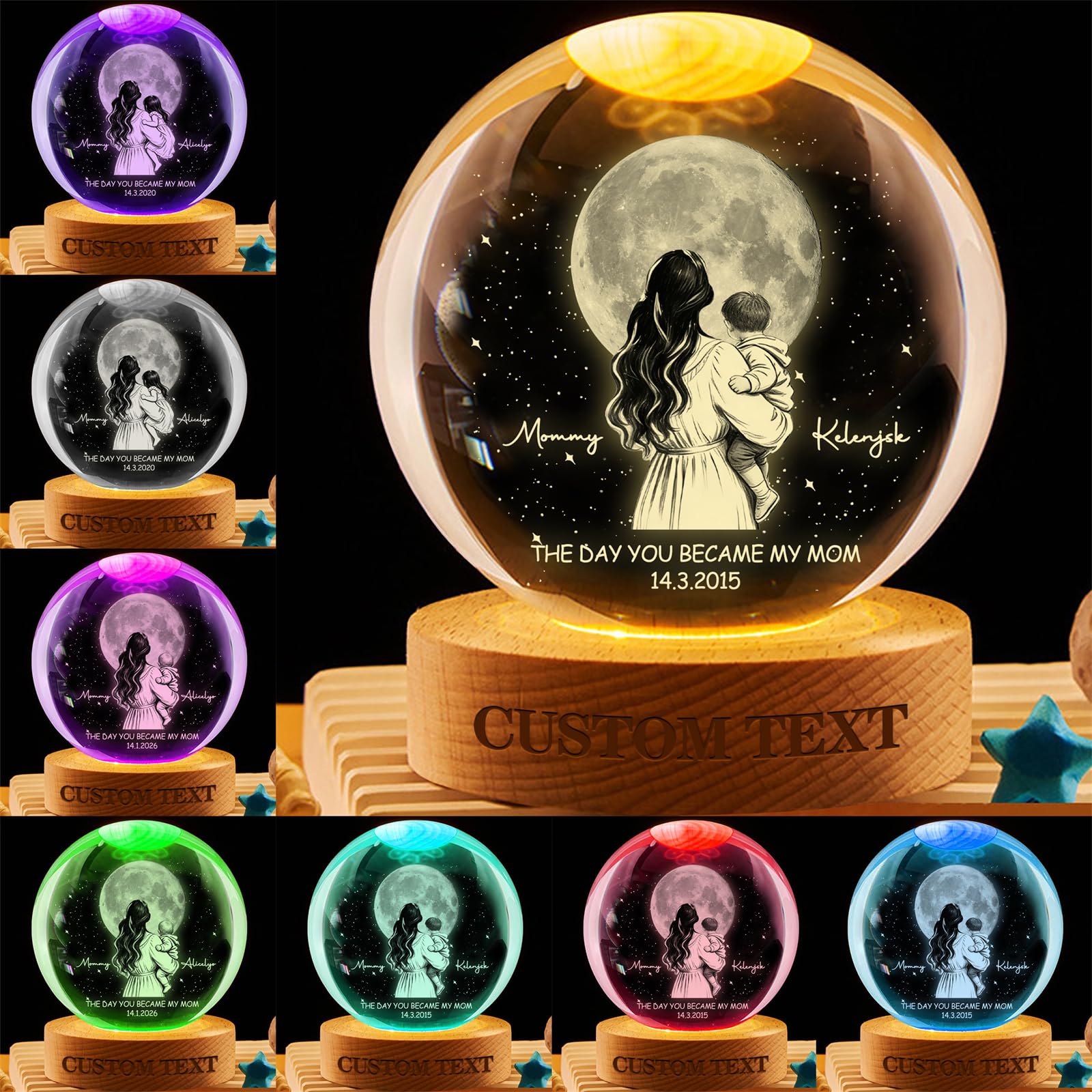 Wasetell Personalized Moon Phase Crystal Ball Lamp Custom Mom and Child Ball Night Light The Day We Became My Mom Crystal Lamp Memorial Home Decor Family Keepsake Gift Mothers Day Birthday Decor,02