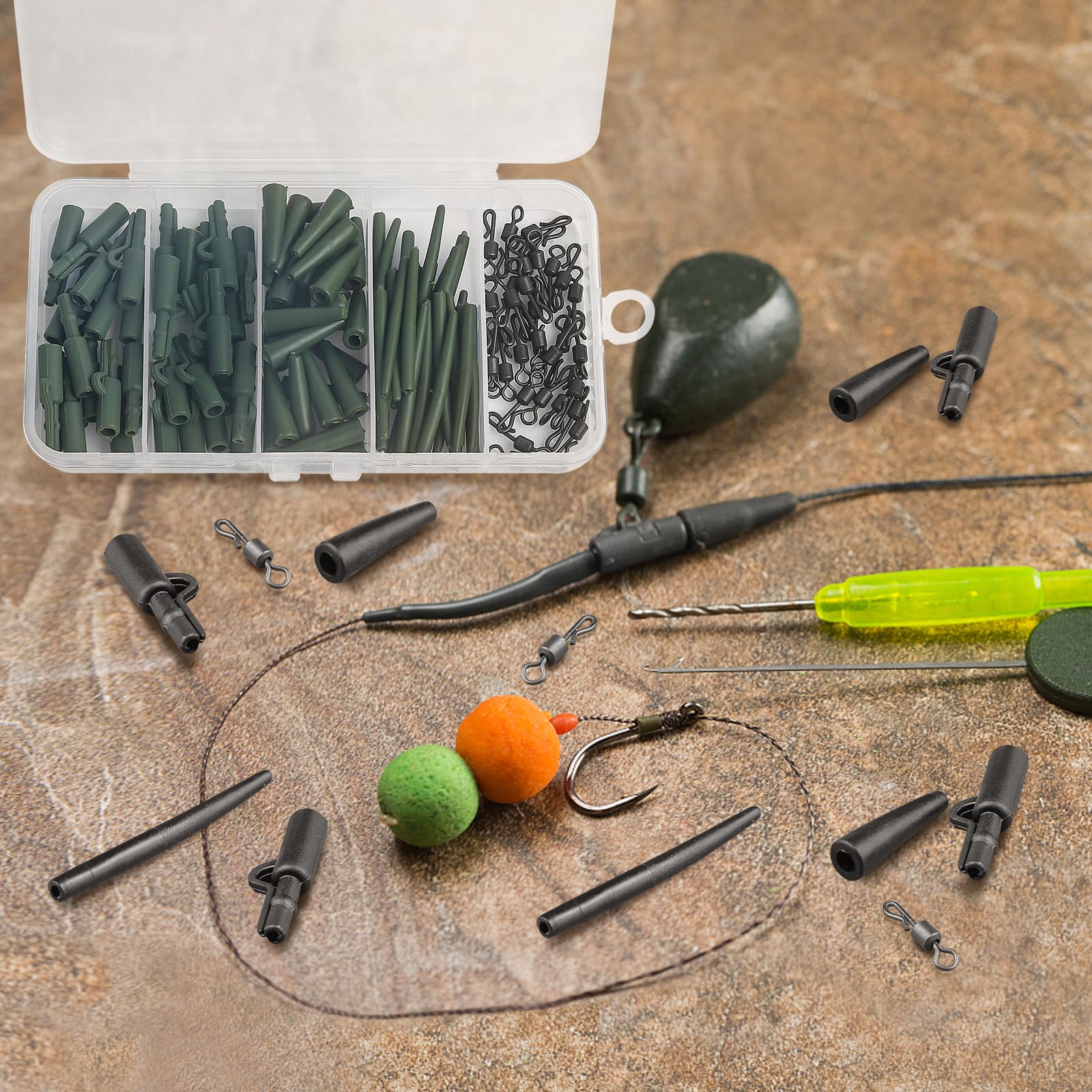 Realure 60/120 Pezzi Clip in Carpa Set di Accessori per La Pesca Alla Carpa Clip Antigroviglio Maniche Code di Gomma Girelle a Cambio Rapido Piccoli Pesi, Alimentatore (Nero)