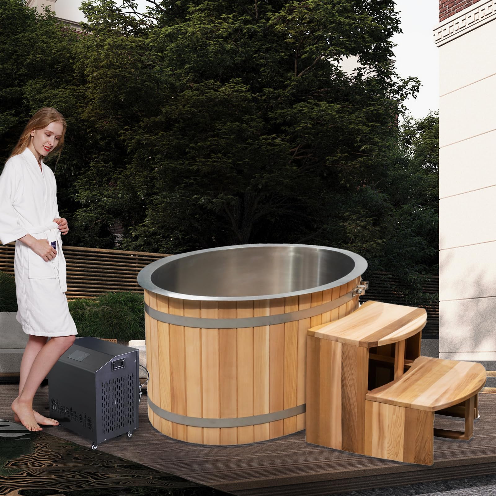 Smartmak 500 Gal Cold Plunge Tub with 1HP Chiller, Rred Cedar Ice Bath Tub, Cold and Hot System, Stainless Steel Base, WiFi/Filter/Ozone/UV(37-107 ℉)