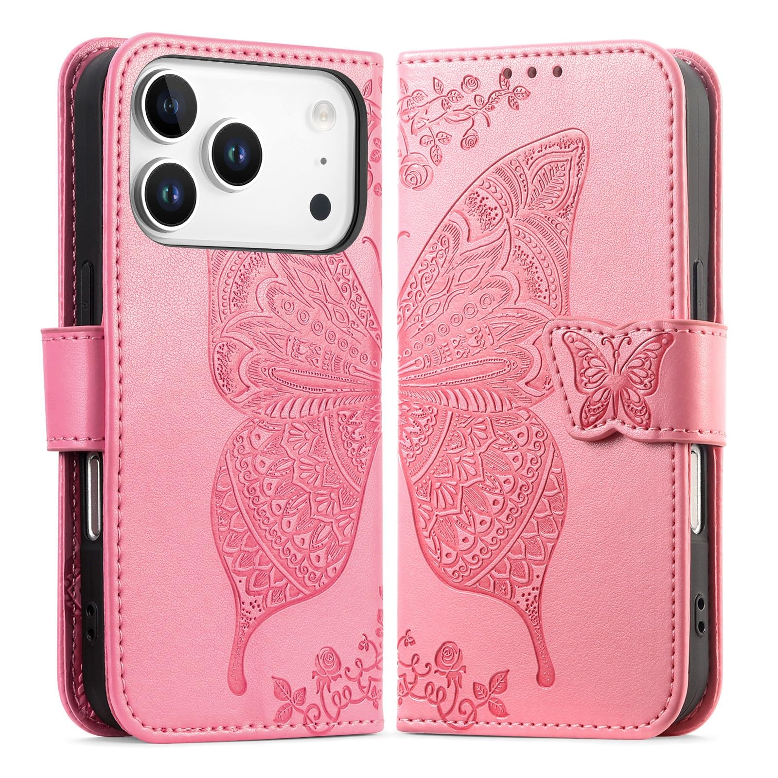 Étui compatible avec iPhone 15 Pro Max rose portefeuille cuir gaufré - 8