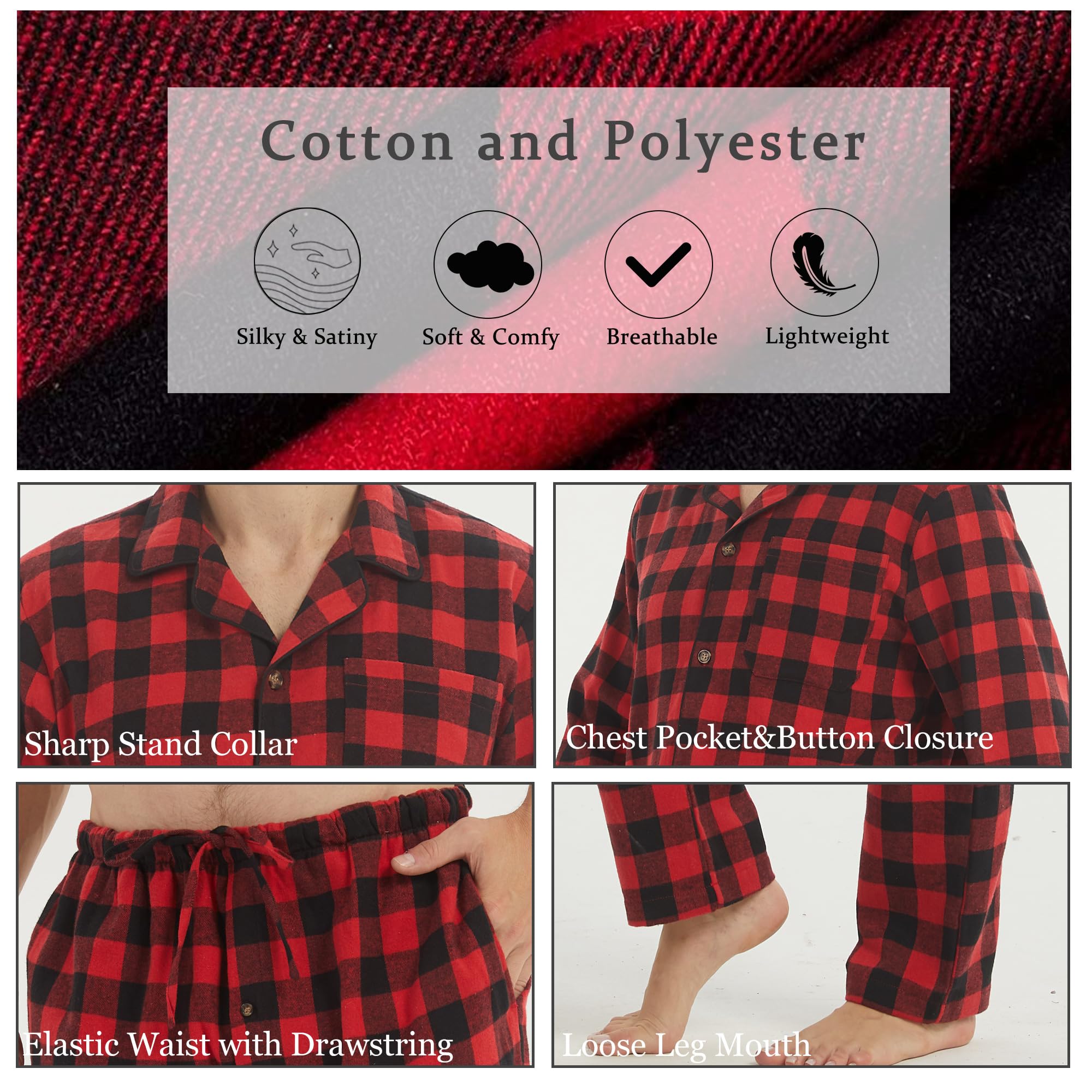 Conjunto de pijama de franela para hombre, de algodón, a cuadros, con bolsillo, manga larga, parte superior e inferior, ropa de dormir suave para invierno