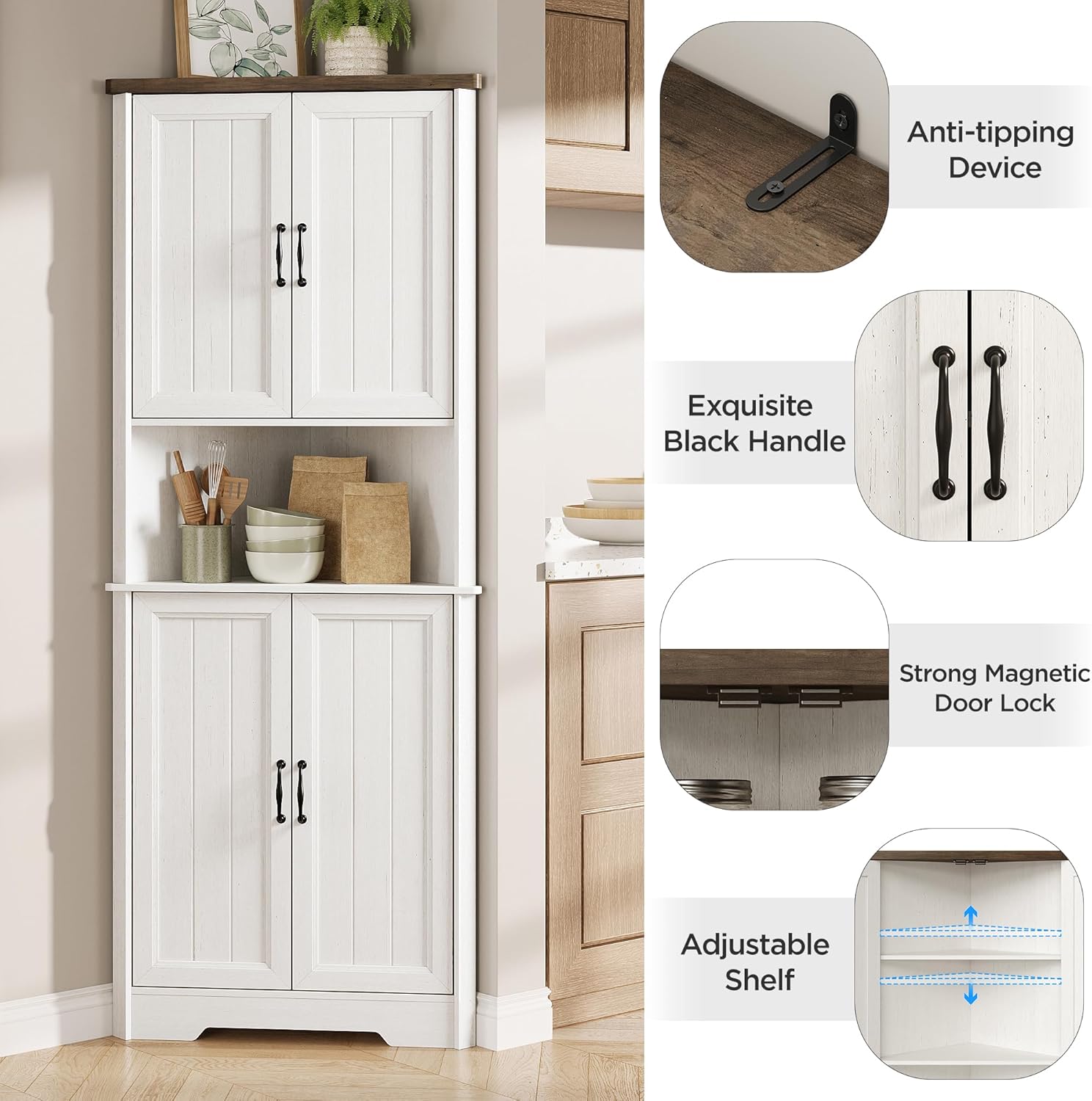 Vabches Tall Corner Cabinet, Corner Bathroom Cabinet, 67" Farmhouse Storage Cabinet with 4 Doors and Adjustable Shelves, Home Space Saver for Bathroom, Kitchen, Living Room, Pantry, White