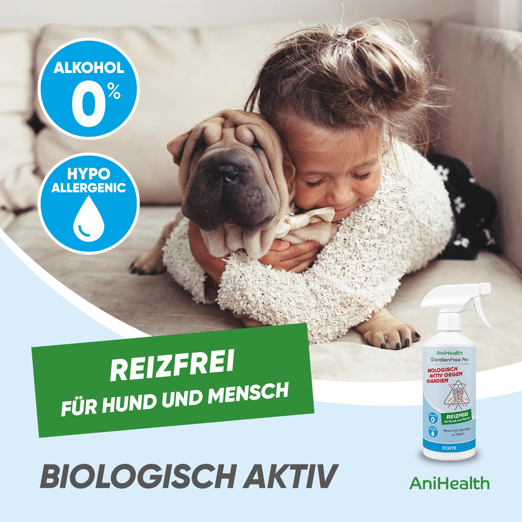 Giardien Hygiene-Spray Hund | tötet 99,9% Giardien + Zysten bei der ersten Anwendung auf Flächen, Gegenständen, Körperstellen | R E I Z F R E I durch Bioseptika HOCl – GiardienFree Pro 500ml