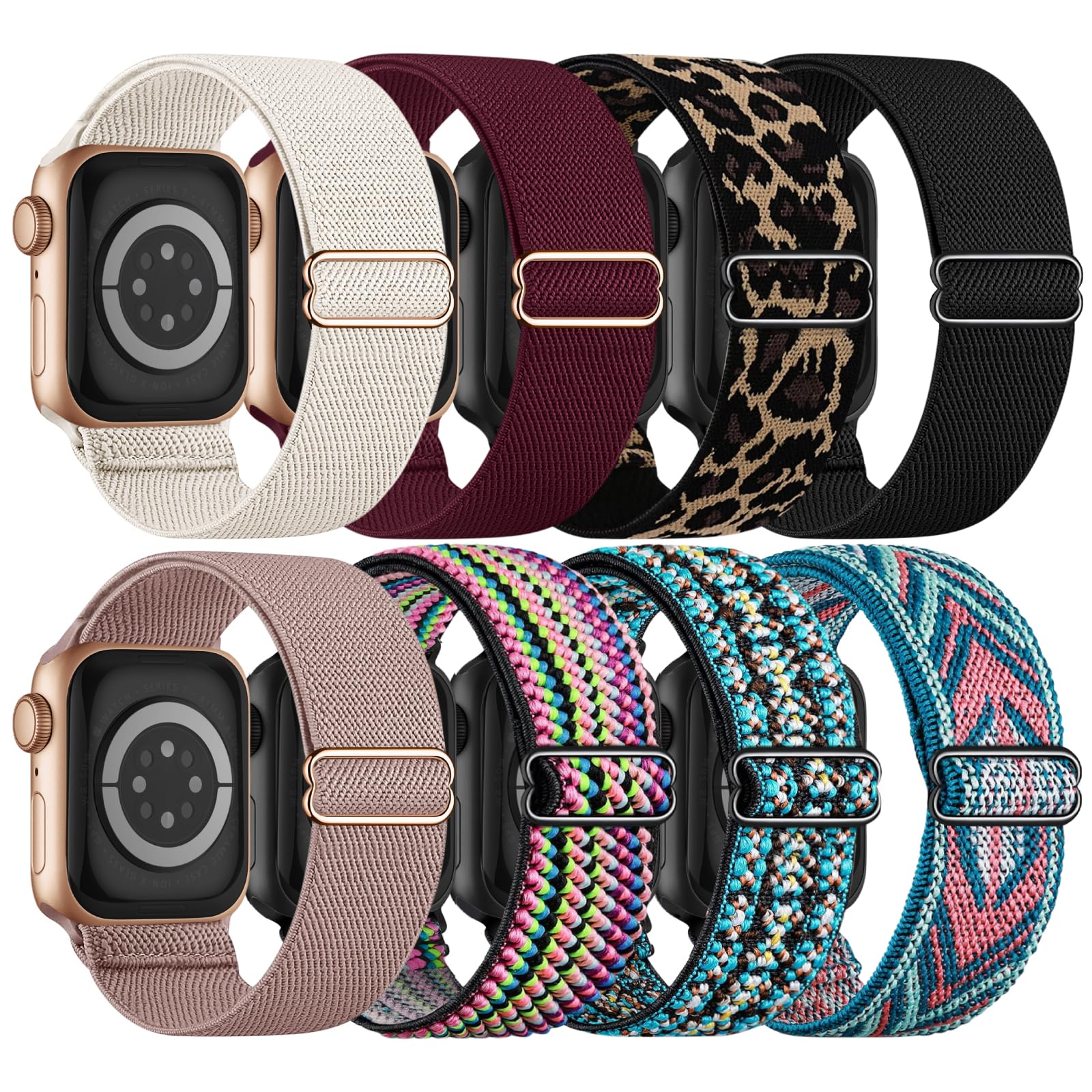8 Pack Stretchy Solo Loop Band Compatible with Apple Watch Bands for Women Men 40mm 38mm 41mm 42mm 44mm 45mm 46mm 49mm, Nylon Braided Strap for iWatch