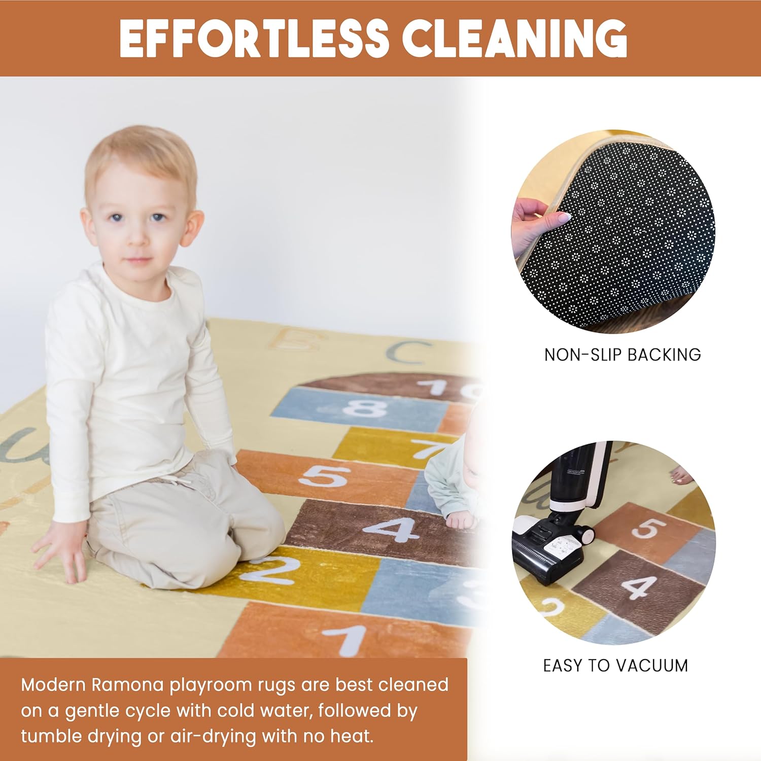 Washable Hopscotch Rug for Kids | Educational ABC & Numbers Carpet for Toddler Playroom or Classroom | 4.6' x 6.5' Non-Slip Play Mat | Neutral Decor