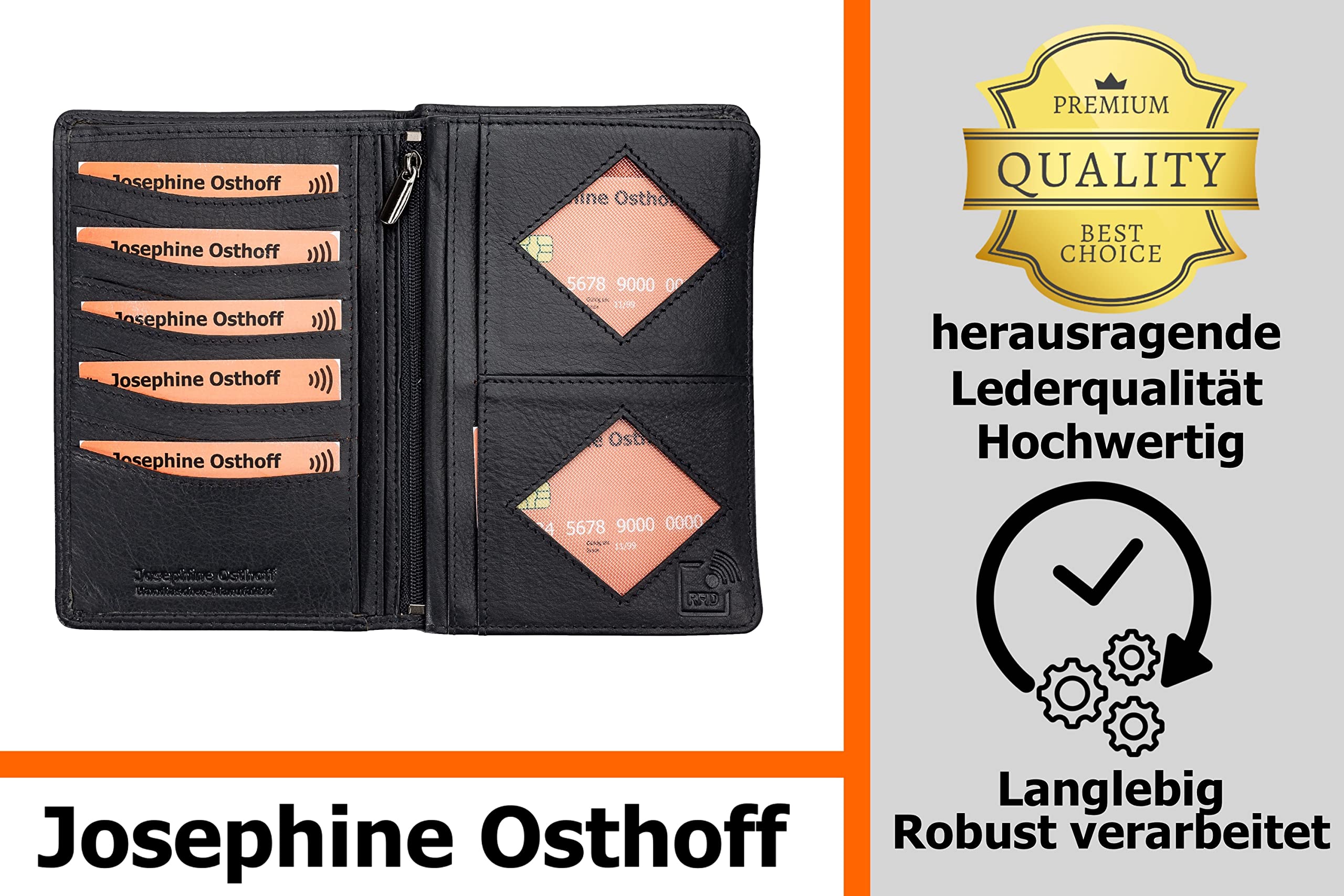 Josephine Osthoff Smukły Skórzany Portfel – Etui na Karty z Blokadą RFID ze Skóry Naturalnej Premium, Przegroda na Paszport i Dokumenty, dla Kobiet i Mężczyzn, Uniseks, Czarny