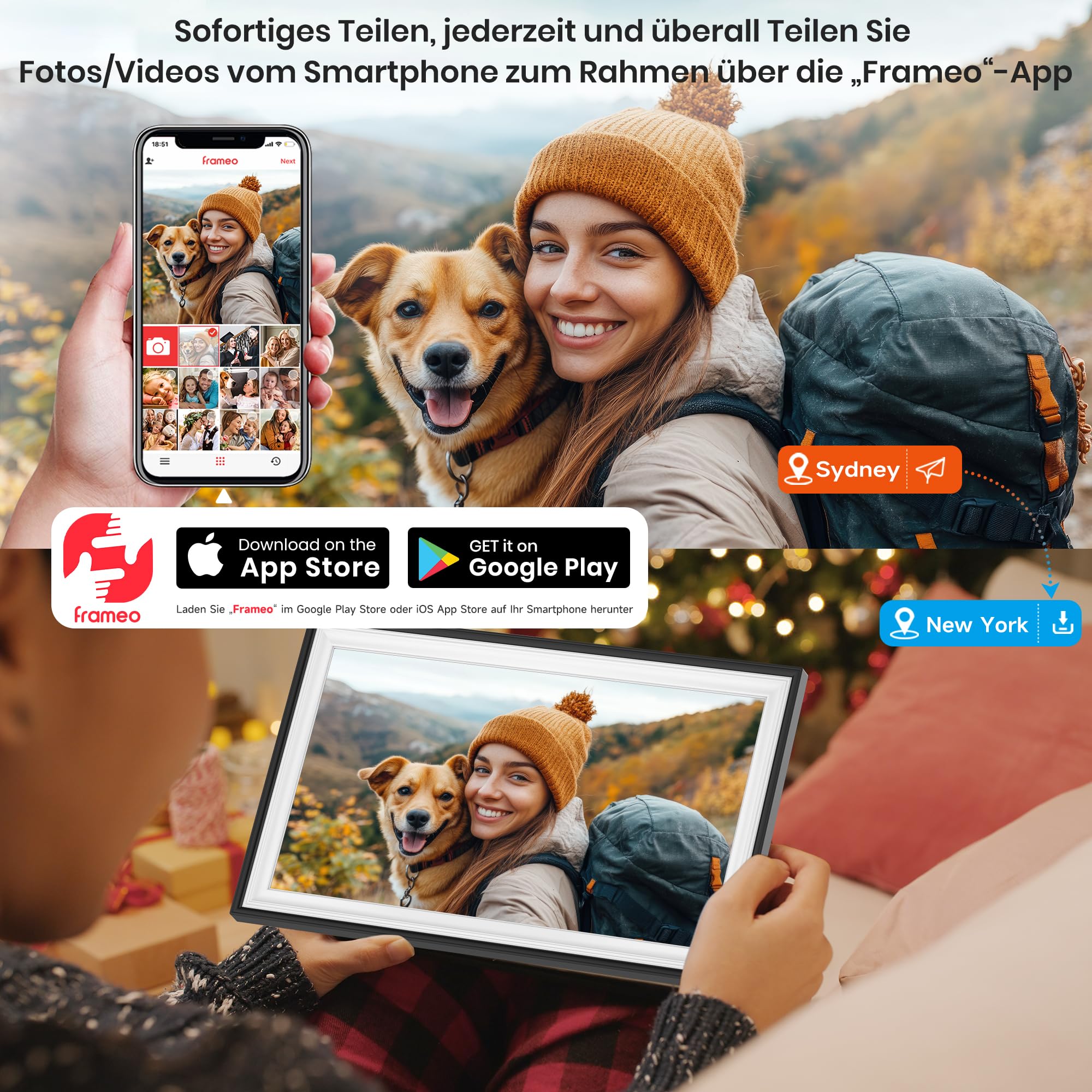 64GB FRAMEO 15,6 Zoll Digitaler Bilderrahmen -1920 * 1080P FHD IPS Touchscreen Digitale Bilderrahmen, Auto Rotation Elektronischer Fotorahmen, Teilen Sie Fotos/Videos Sofort