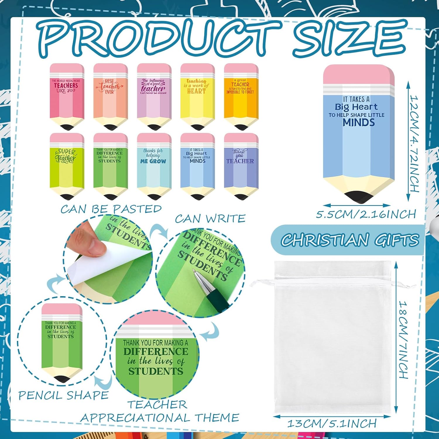 Kosiz 30 Set/90 Pcs Teacher Appreciation Gifts Bulk Pencil Shaped Notepad Sticky Note with Pen Organza Bag End of Year Teacher Gifts from Student Thank You Present for Office School Classroom Supplies