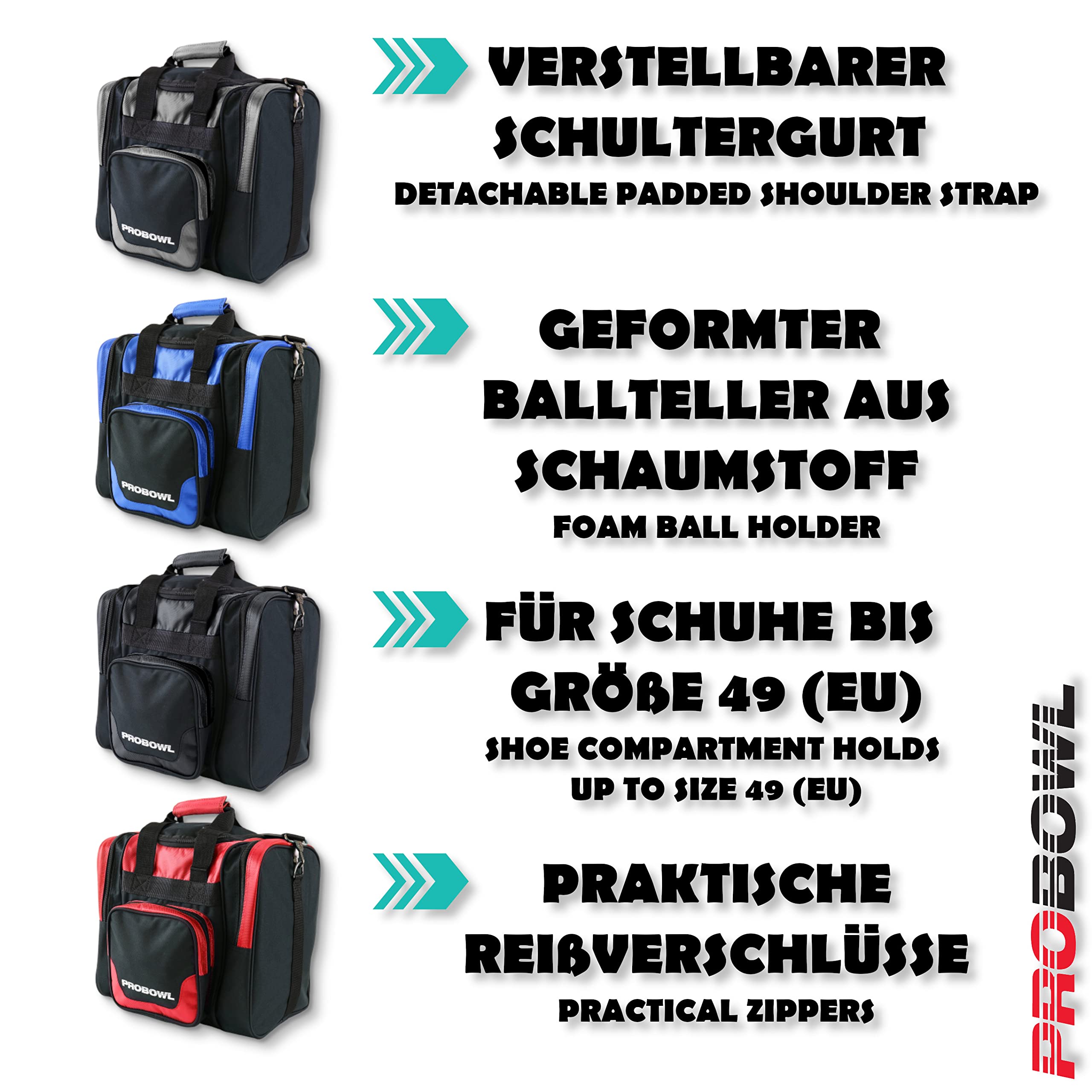 Sac Bowlingball Pro Bowl Single Tote Sac de bowling 1 balle avec compartiment à chaussures Portable avec compartiments pour accessoires Intérieur rembourré Sac de bowling léger avec