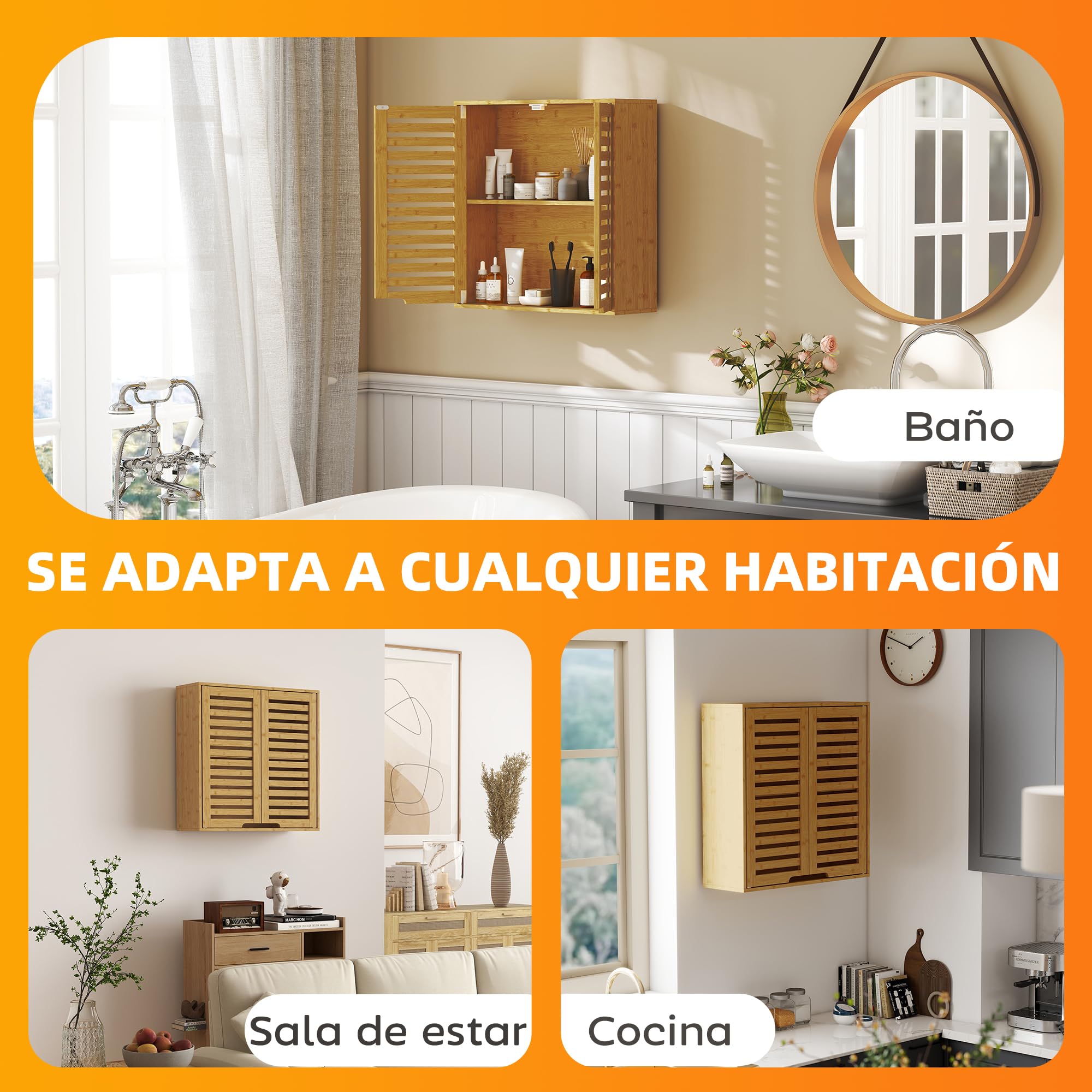 HOMCOM Armario de Baño de Pared de Bambú con Estante Regulable Natural | Puertas de Lamas, Mueble de Baño Colgante, Armario de Almacenamiento sobre el Inodoro, para Cocina y Lavadero