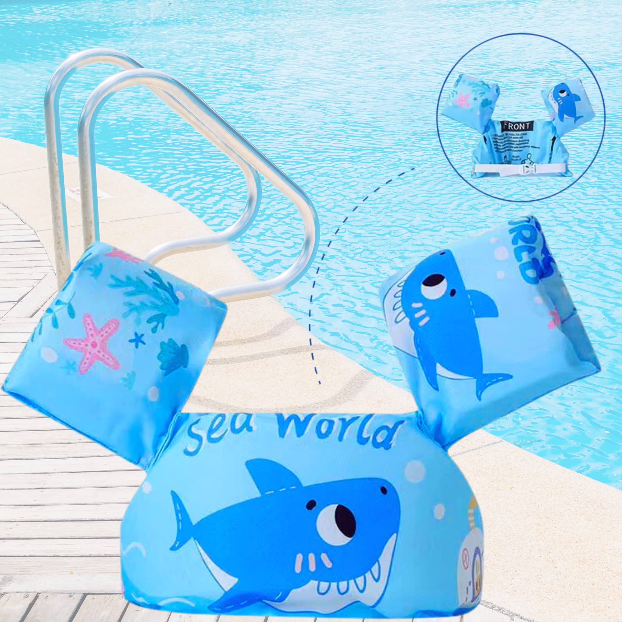 AMSH Swim Arm Compatible Vest Blue Color with Cute Shark Design Swimming Pool Floats Sleeve Wearable Water Device Lifejacket for Summer Outdoor Activities Beach Sports Training Safety Equipment