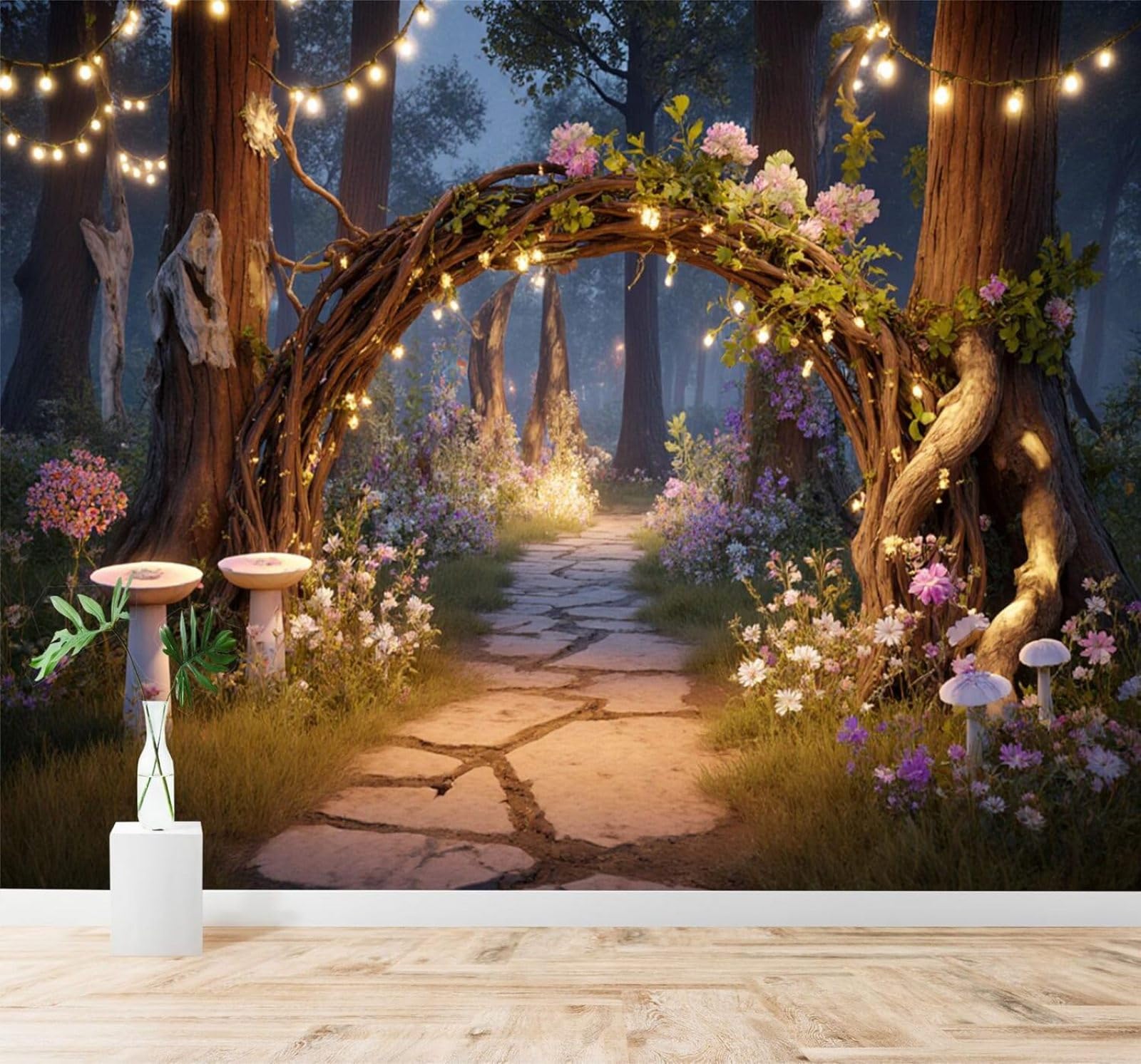 Tzxztt 300Cm×210Cm(B×H) Beautiful Flower Adorned Lanterns Flagstone Path Forest Night Scene Modern 3D Wallpaper Premium Textured Silk Neutral Tones Material Ideal For Living Room Bedroom-300Cm×210Cm