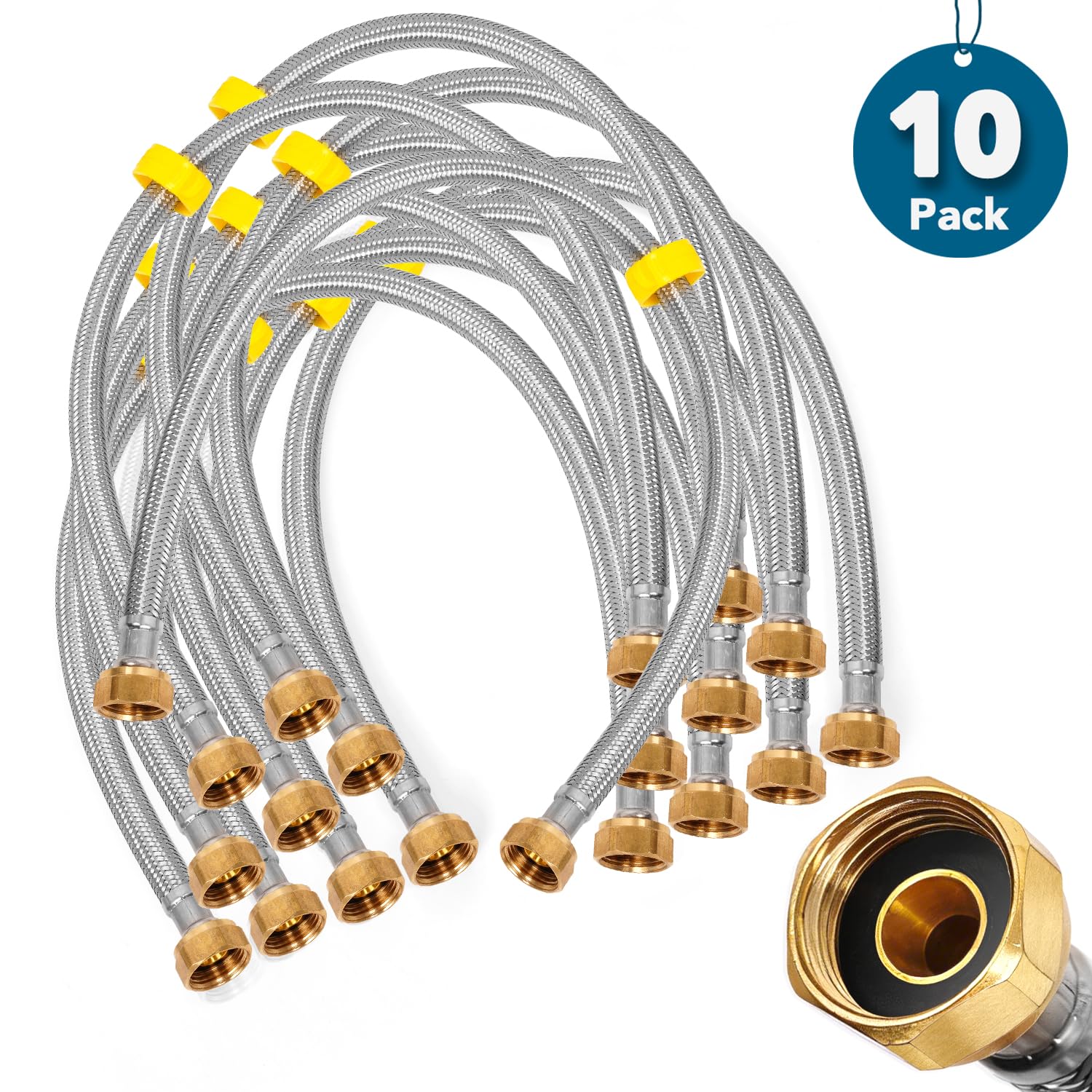 [Paquete de 10] Línea de suministro de grifo FIP de 24 pulgadas, 1/2 pulgada Comp x 1/2 pulgada, manguera de agua trenzada de acero inoxidable, conector flexible para fregadero de baño y cocina