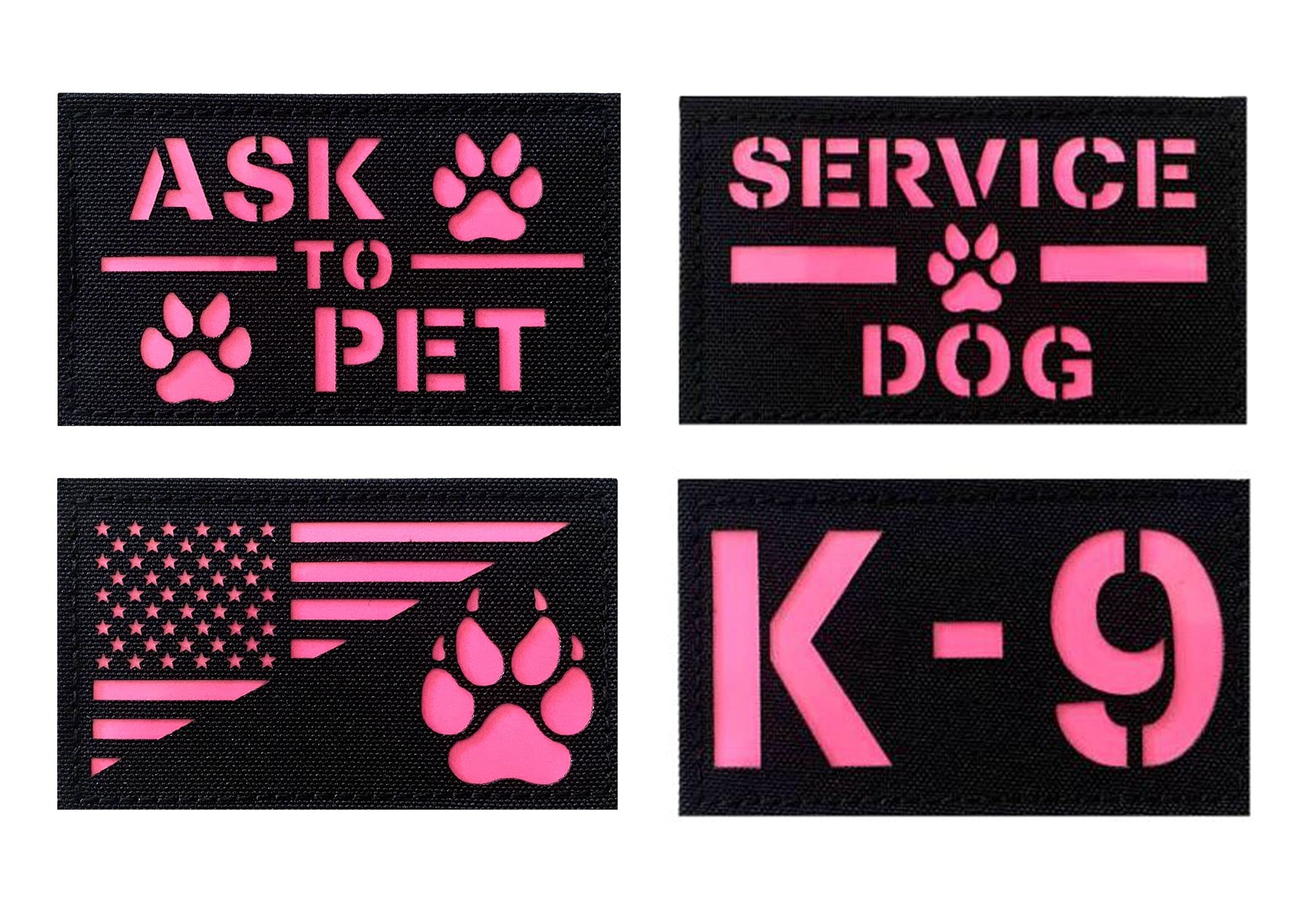 4 Pack Reflective Service Dog Ask to Pet k-9 Tactical Patchs Hook-Fastener Backing (Glow in Dark-Mix-Pink)