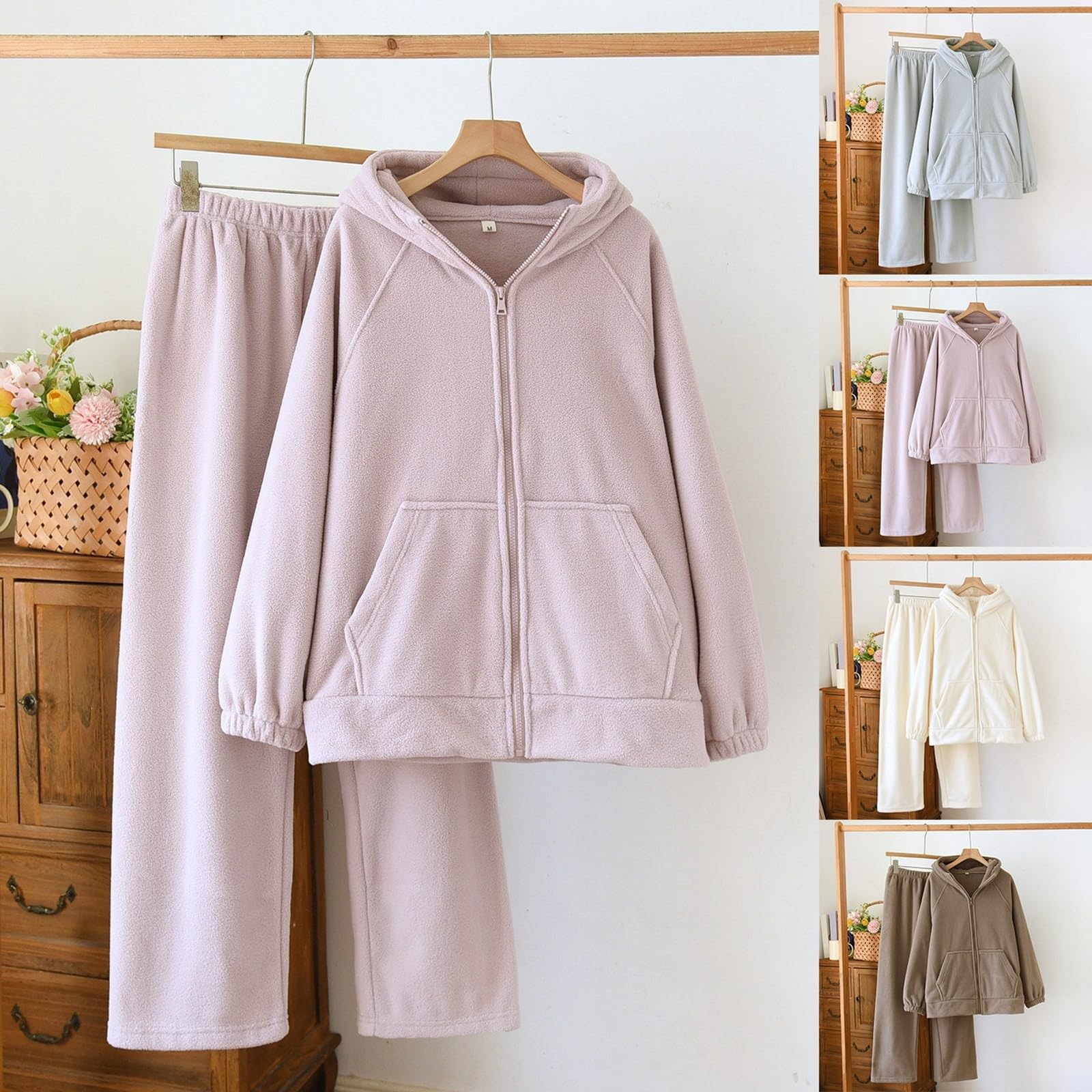 Generisch Pigiama da donna, lungo, invernale, con fodera in peluche, chiusura lampo, con tasche e soffici, morbidi pantaloni da sonno, in due pezzi, per attività all'aria aperta
