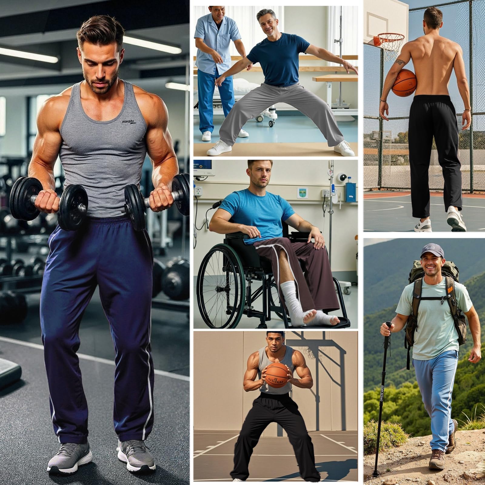 Pantalon de Rééducation pour Homme Pantalon de Survêtement à Fermeture éclair Latérale Intégrale Ouverture Totale Pantalons de Jogging à Zips Chirurgie avec Poches