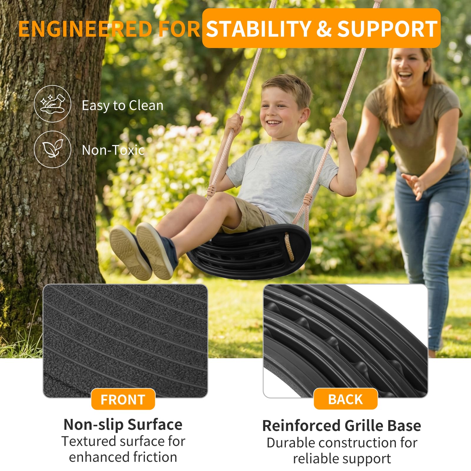 Ergonomische Schaukel, Höhenverstellbare Kinderschaukel bis 120kg, Wetterfester & Rutschfester Schaukelsitz, inkl. Baumgurten & Karabiner, Schwarz
