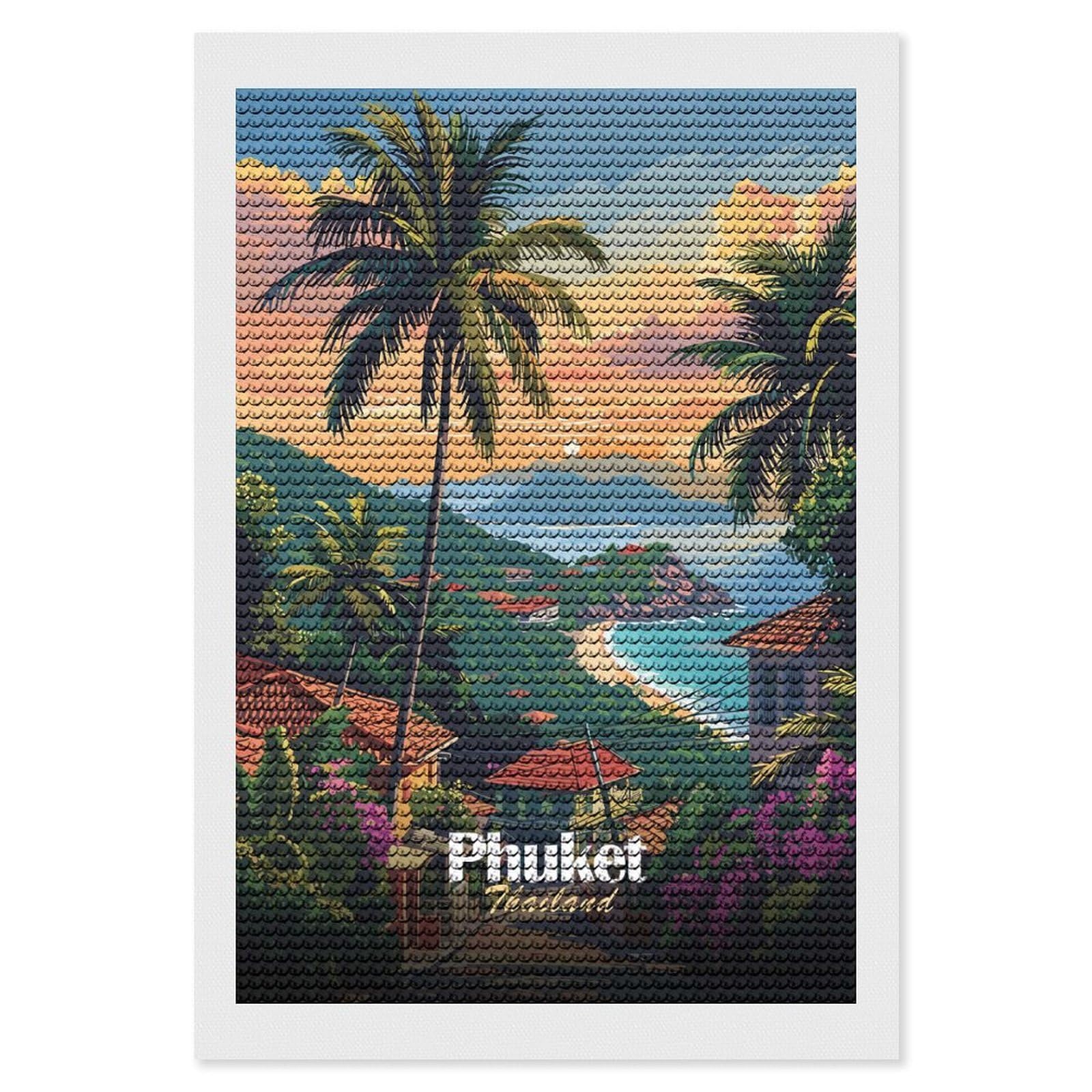 Junmoney Phuket Thailand Sunset Diamond Art Kit 8"x12", Modern Decor, for Adults, Printed Canvas, Holiday Gift Idea, Fun Craft Experience