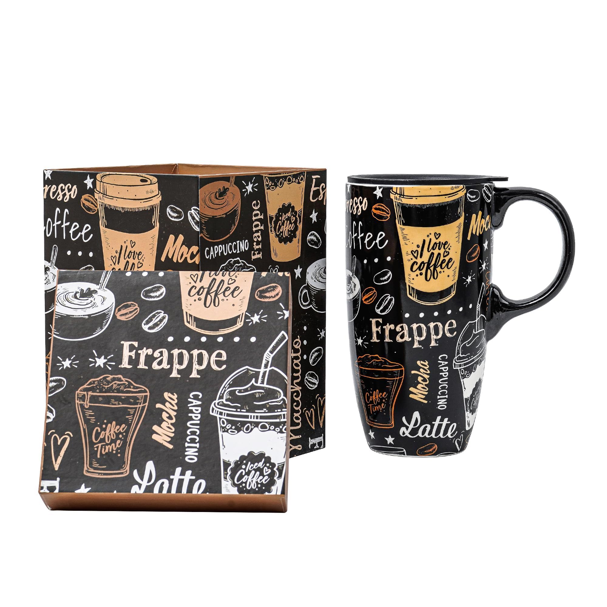 Topadorn Ceramic Mug Latte Tea Cup Coffee Mug with Gift Box,17oz.Travel Cup with Lid, Coffee