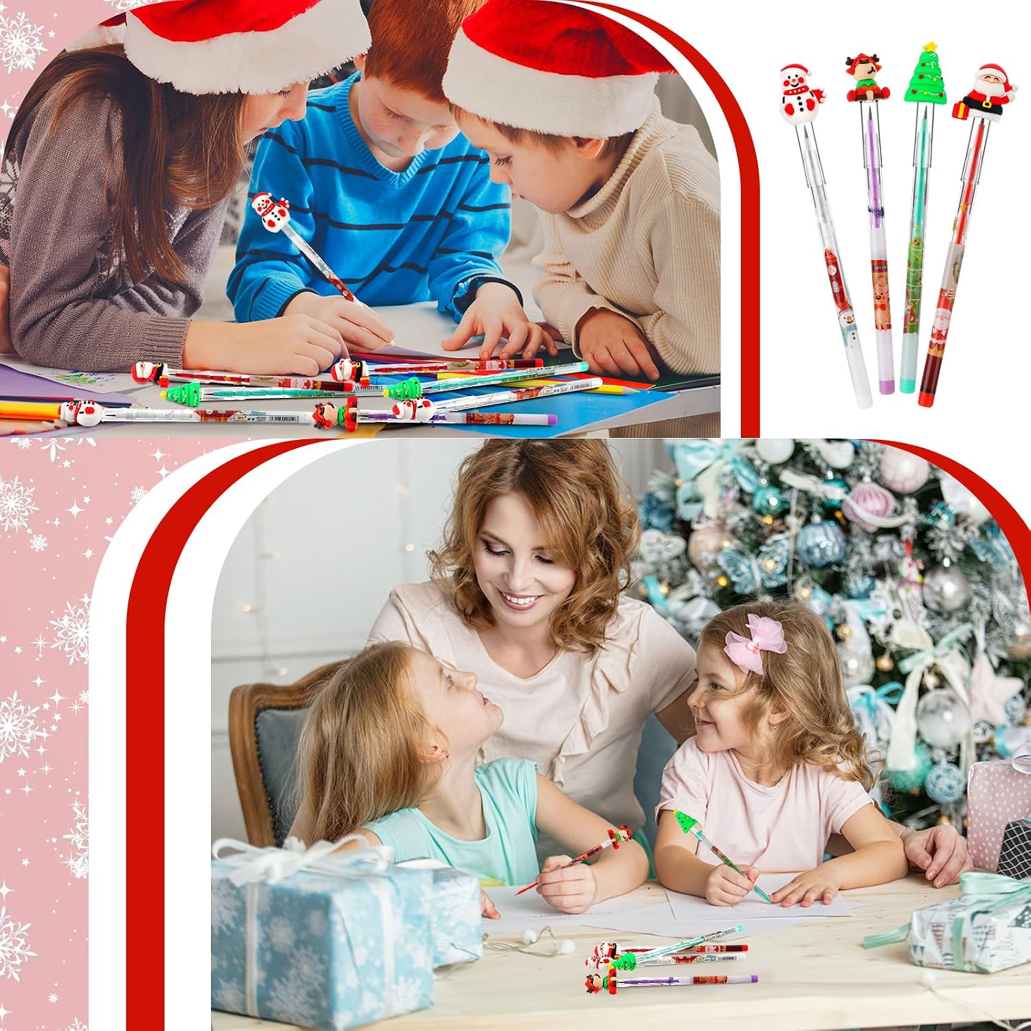 BBTO 24 Pcs Christmas Pencils Bulk Multi Point Stackable Push Pencil with Topper, Santa Claus Snowman Elk Xmas Tree Pens for Rewards Gift, Party Supplies, Christmas Stocking Stuffer