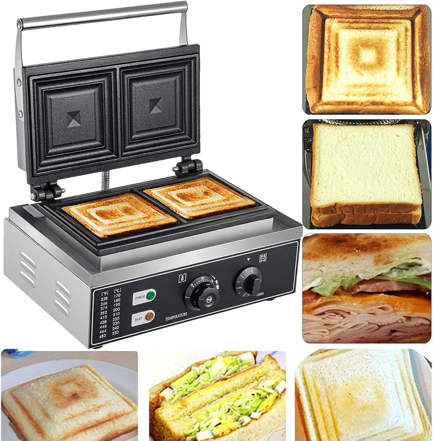 Commercial Double Panini Grill Press Sandwich Maker 110V 1500W Electric Stainless Steel Sandwich Toaster w/Temp & Time Control & Nonstick Cast Aluminum Teflon Plate for Bakeries Restaurants Canteens