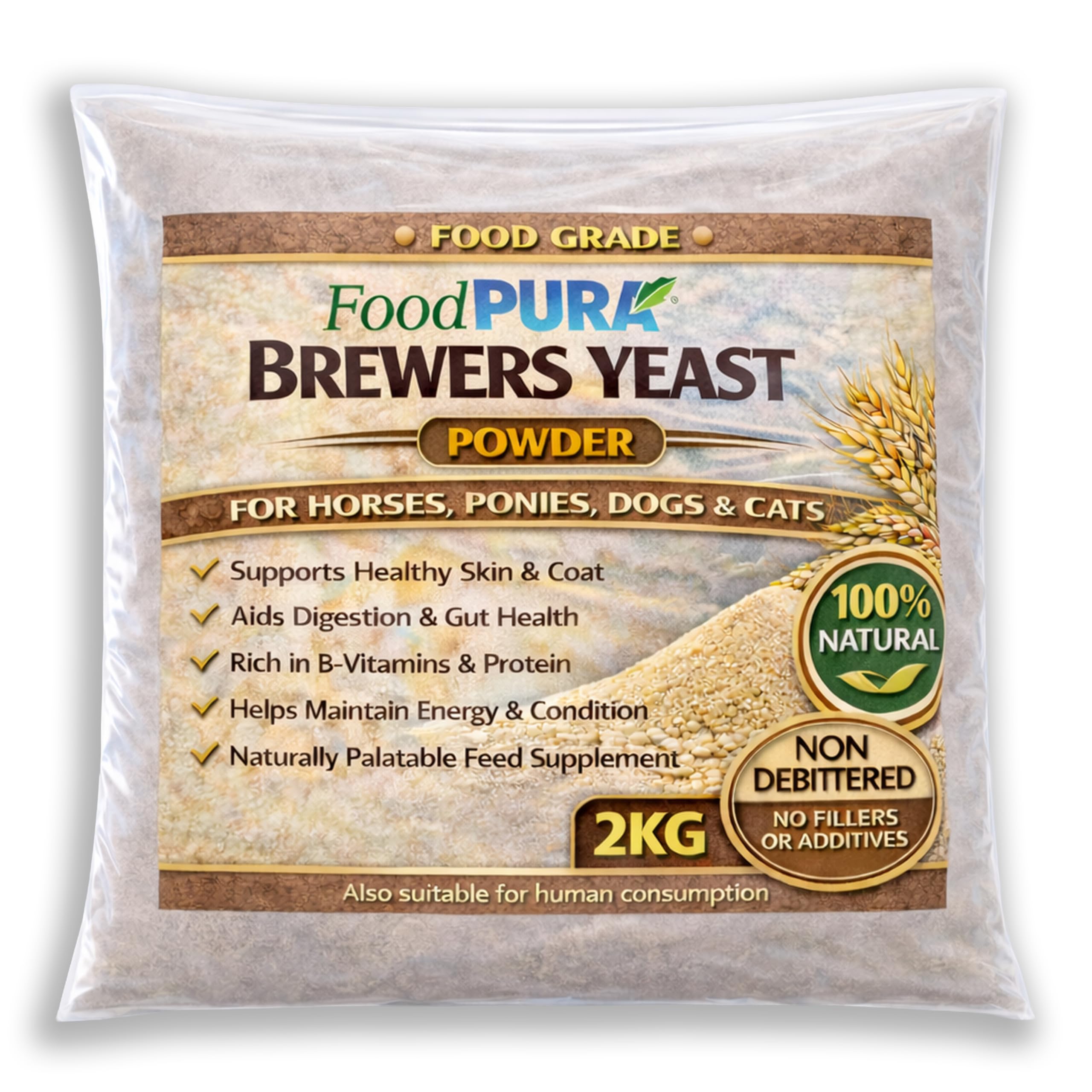 Food PURA Brewers Yeast Powder 2KG - Non De Bittered- 100% Natural, Pure, Safe & Effective - For Horses, Ponies, Dogs & Cats - Supports Healthy Skin, Coat & Digestion Human FOOD Grade!