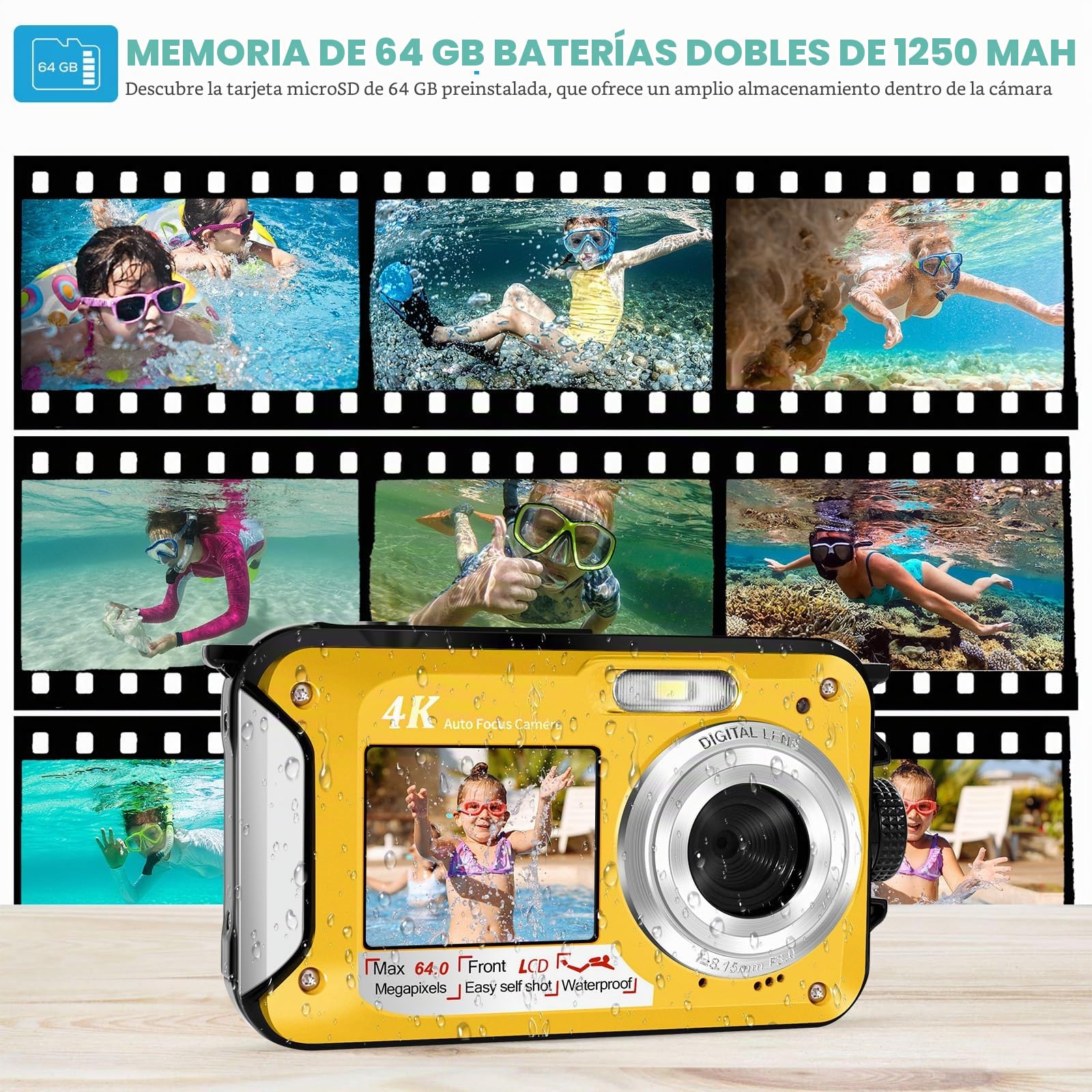 Cámara Acuática 64MP con Tarjeta de Memoria 64GB, Sumergible 4K con Autoenfoque y Doble Pantalla para Selfies, Sumergible hasta 5 Metros para Niños y Snorkel (2 Baterías)