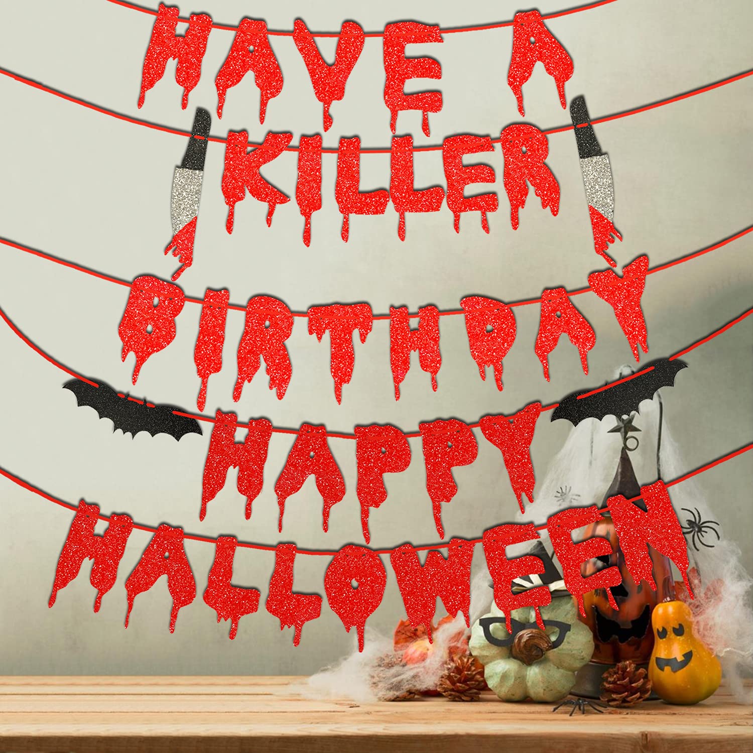 Festiko® 2 Pack Halloween Banner Decorations Red Glitter Hanging Garland Banner,Have a Killer Birthday Banner & Happy Halloween Banner Scary Vampire Horror Bloody Photo-Prop Party Decor Supplies