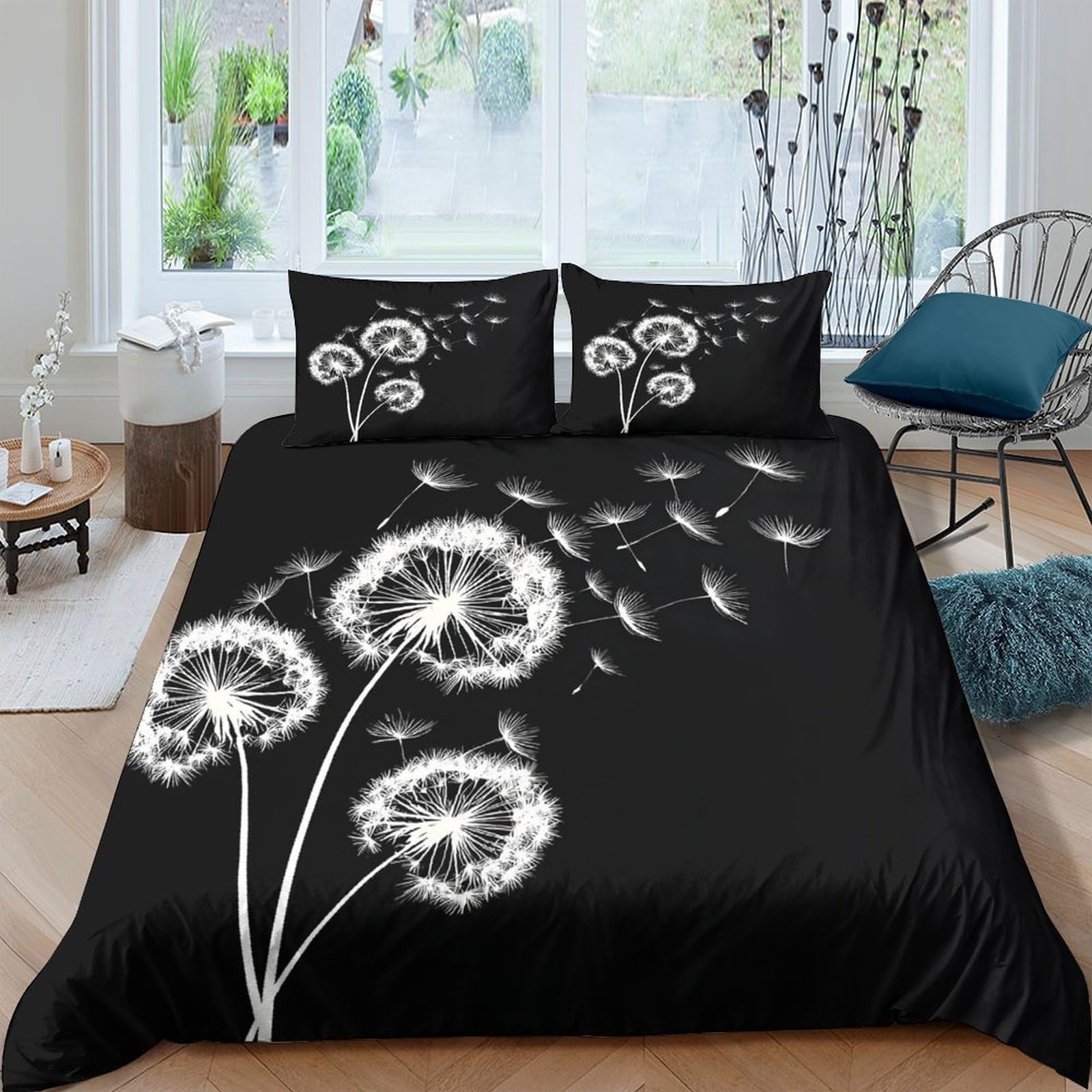 TUFRTGYHN 3D Printed Black Dandelion Duvet Cover Microfiber Soft Breathable White Seed Bedding Set with 2 Pillowcases for Bedroom Decor Single（135x200cm）