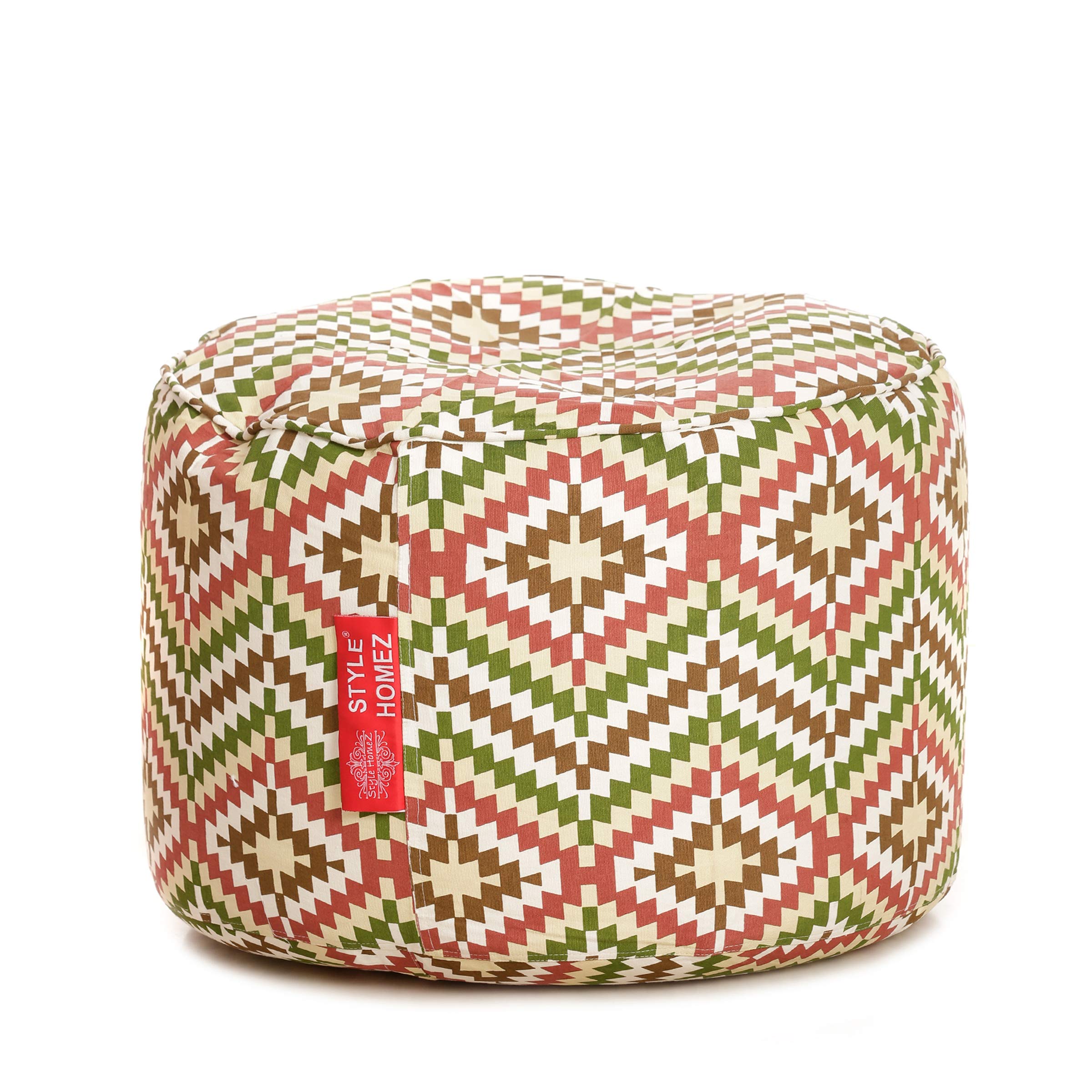 Round Cotton Canvas Ikat Printed Bean Bag Ottoman Stool Large with Beans, Multi Color-image-3